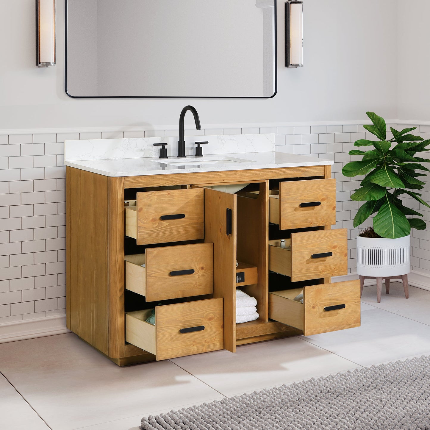 Perla 48" Single Bathroom Vanity in Natural Wood with Grain White Engineered Stone Countertop without Mirror