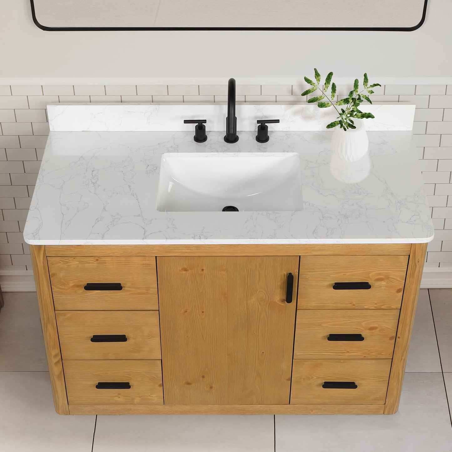 Perla 48" Single Bathroom Vanity in Natural Wood with Grain White Engineered Stone Countertop without Mirror