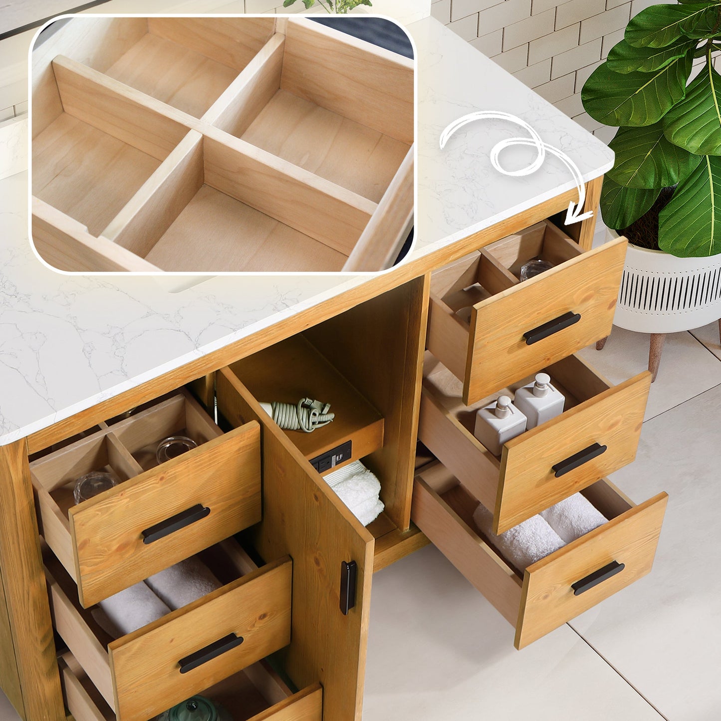 Perla 48" Single Bathroom Vanity in Natural Wood with Grain White Engineered Stone Countertop without Mirror