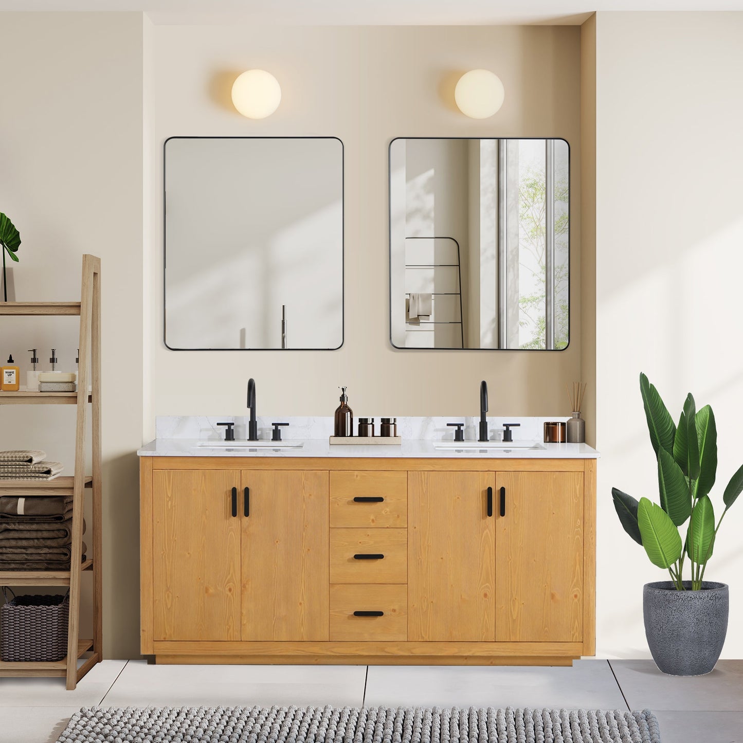 Perla 72" Double Bathroom Vanity in Natural Wood with Grain White Engineered Stone Countertop without Mirror