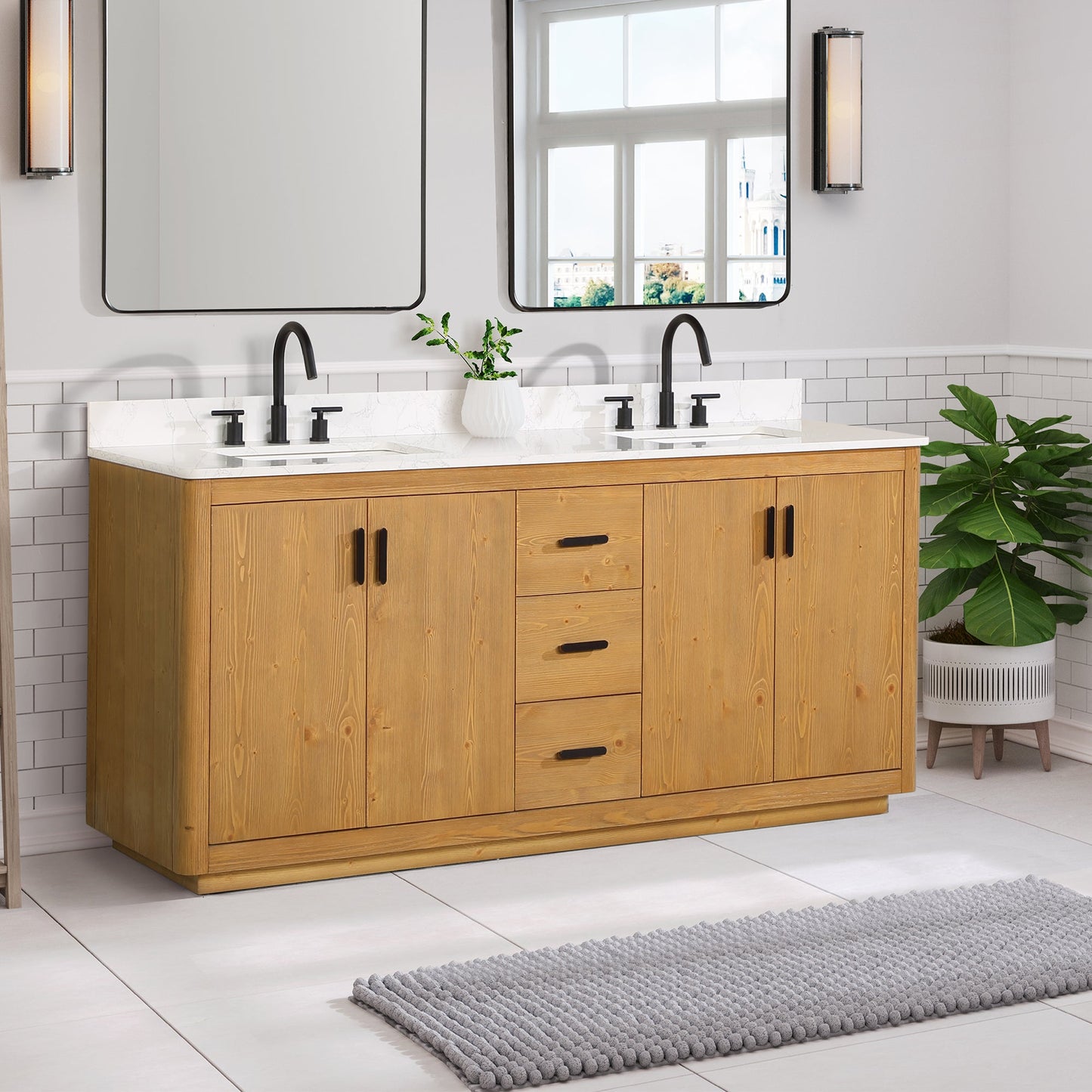 Perla 72" Double Bathroom Vanity in Natural Wood with Grain White Engineered Stone Countertop without Mirror