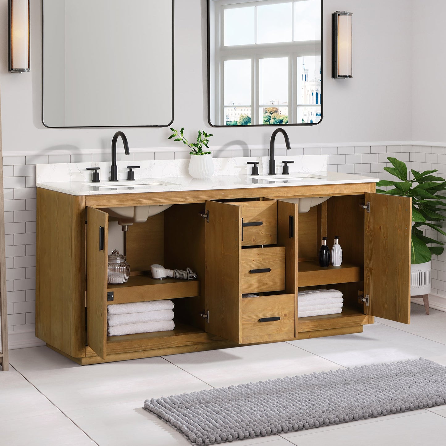Perla 72" Double Bathroom Vanity in Natural Wood with Grain White Engineered Stone Countertop without Mirror
