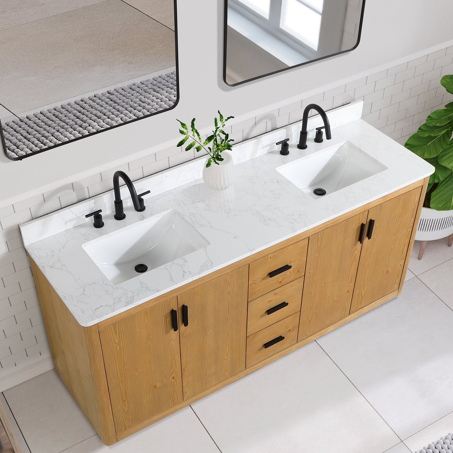 Perla 72" Double Bathroom Vanity in Natural Wood with Grain White Engineered Stone Countertop without Mirror