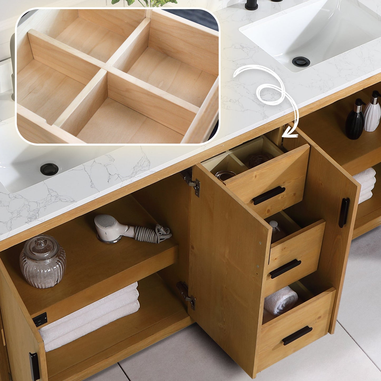 Perla 72" Double Bathroom Vanity in Natural Wood with Grain White Engineered Stone Countertop without Mirror