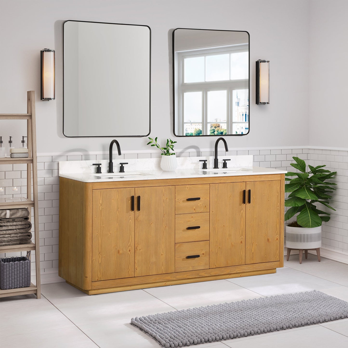 Perla 72" Double Bathroom Vanity in Natural Wood with Grain White Engineered Stone Countertop with Mirror
