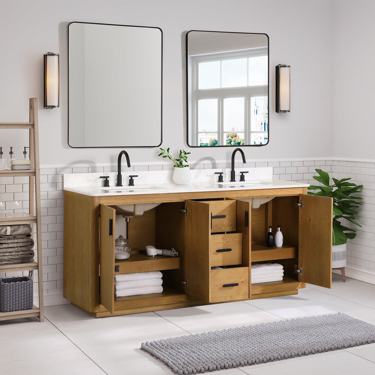 Perla 72" Double Bathroom Vanity in Natural Wood with Grain White Engineered Stone Countertop with Mirror