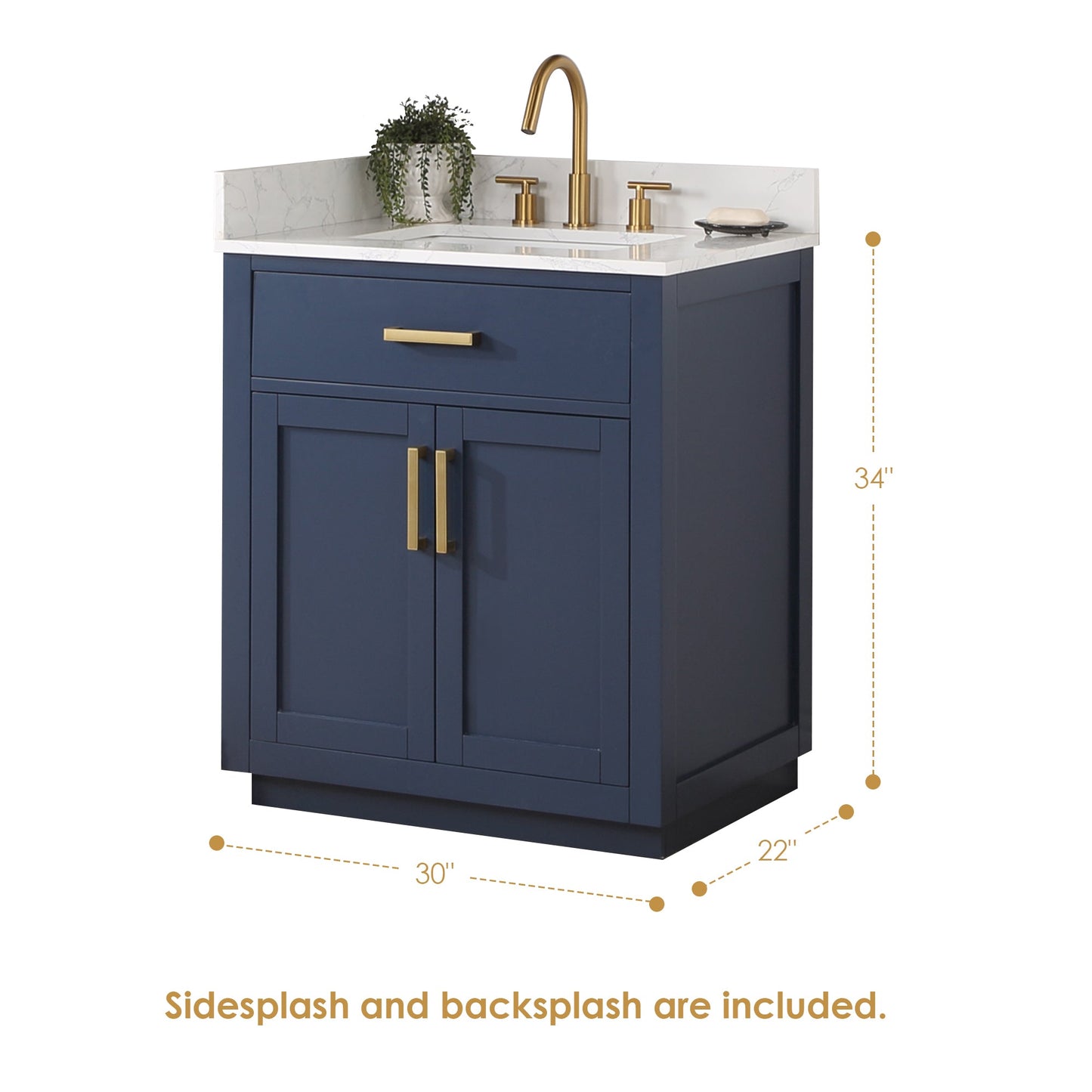 Gavino 30" Single Bathroom Vanity in Royal Blue with Grain White Engineered Stone Countertop without Mirror