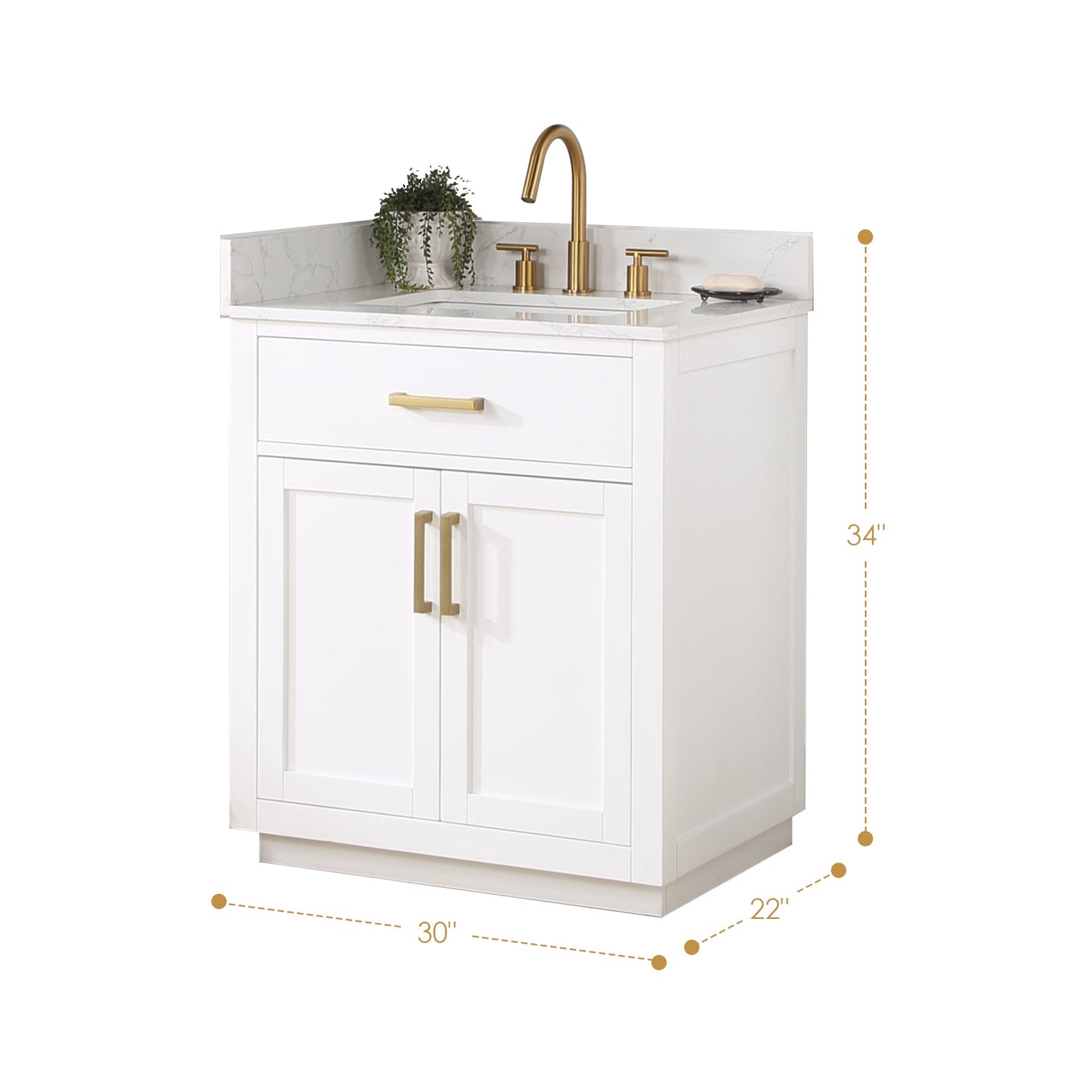 Gavino 30" Single Bathroom Vanity in White with Grain White Engineered Stone Countertop without Mirror