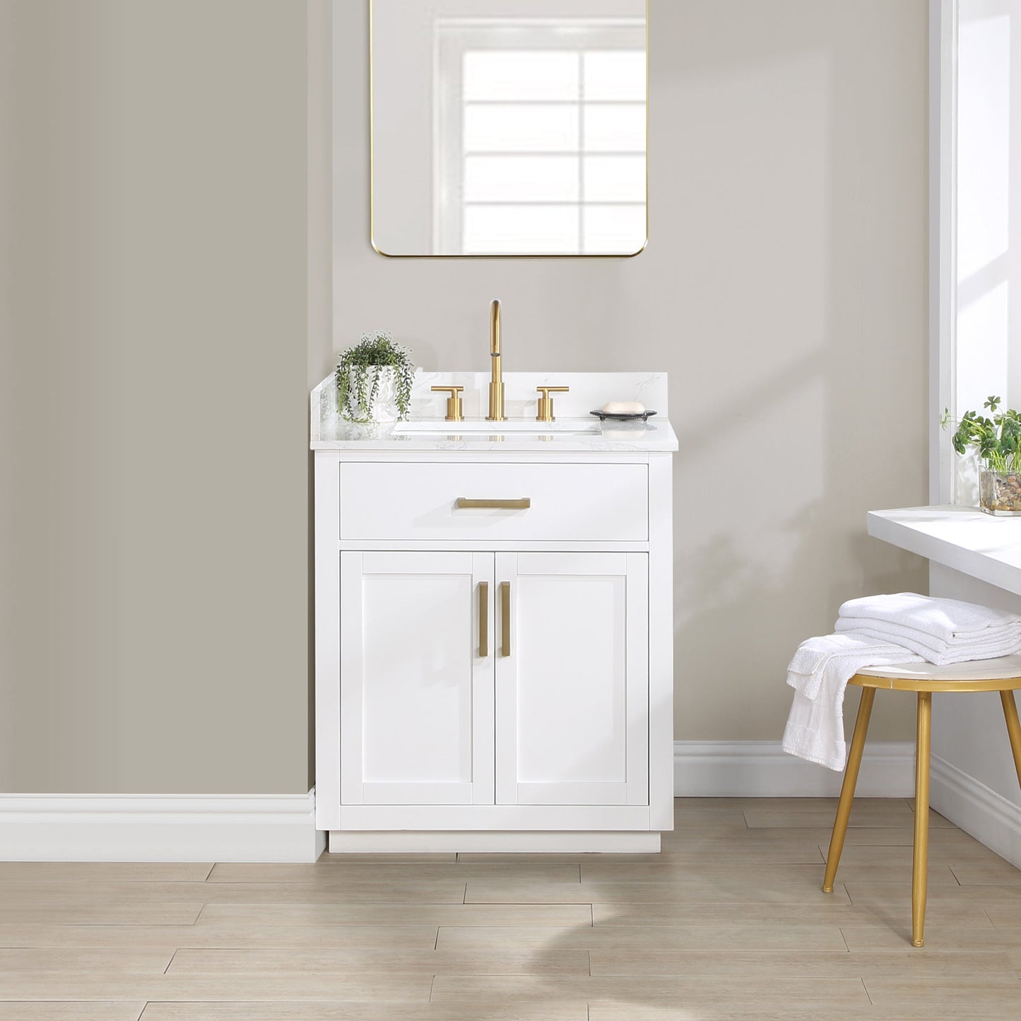 Gavino 30" Single Bathroom Vanity in White with Grain White Engineered Stone Countertop without Mirror