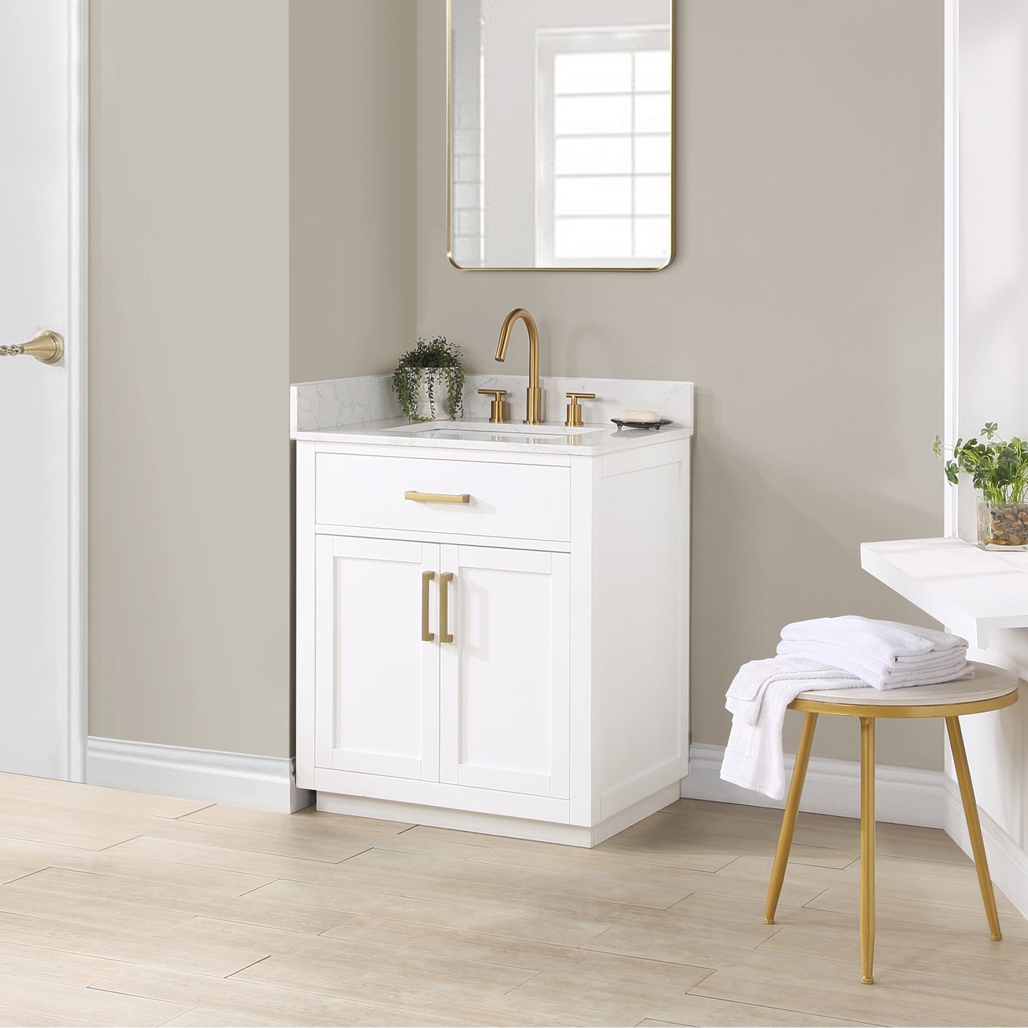 Gavino 30" Single Bathroom Vanity in White with Grain White Engineered Stone Countertop without Mirror