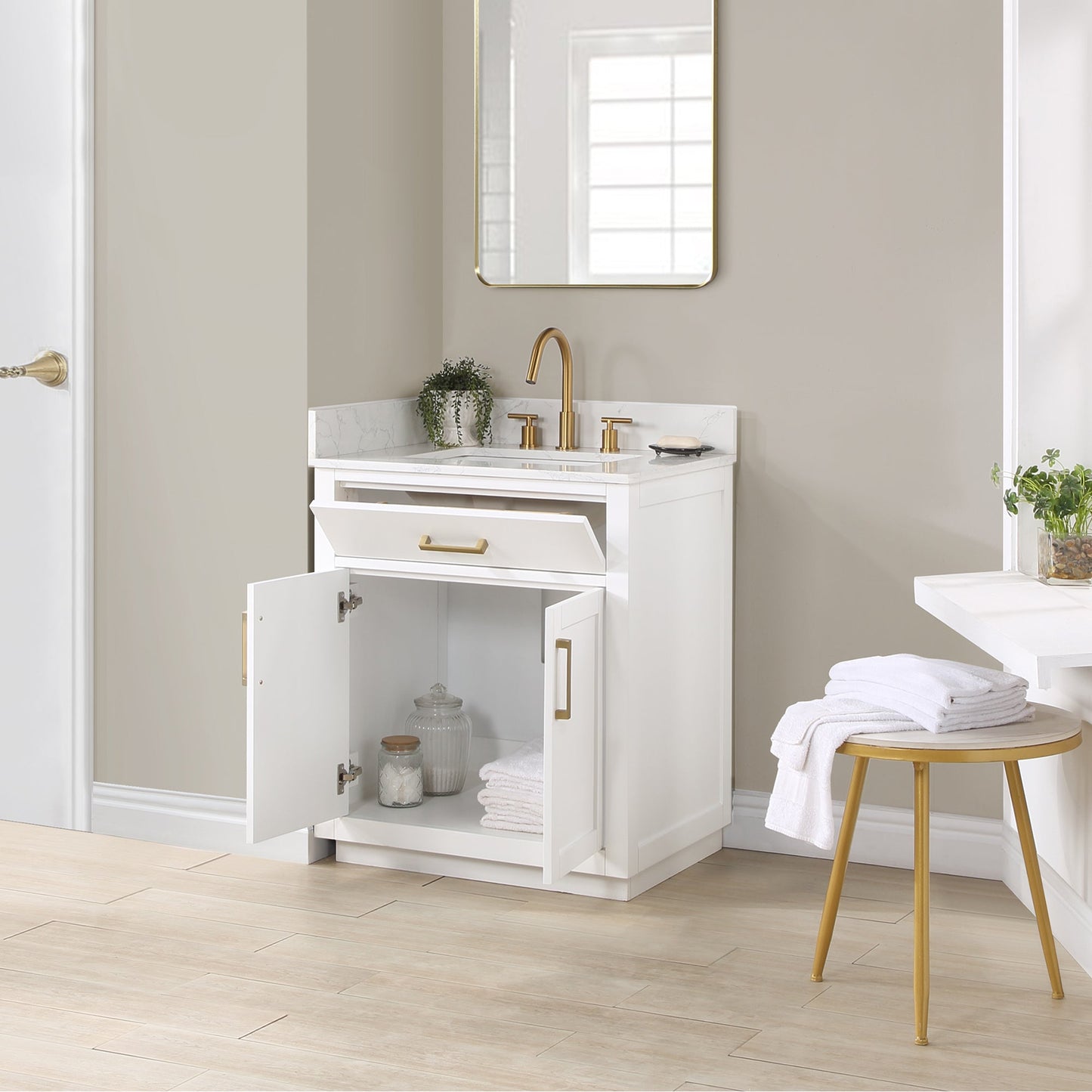 Gavino 30" Single Bathroom Vanity in White with Grain White Engineered Stone Countertop without Mirror