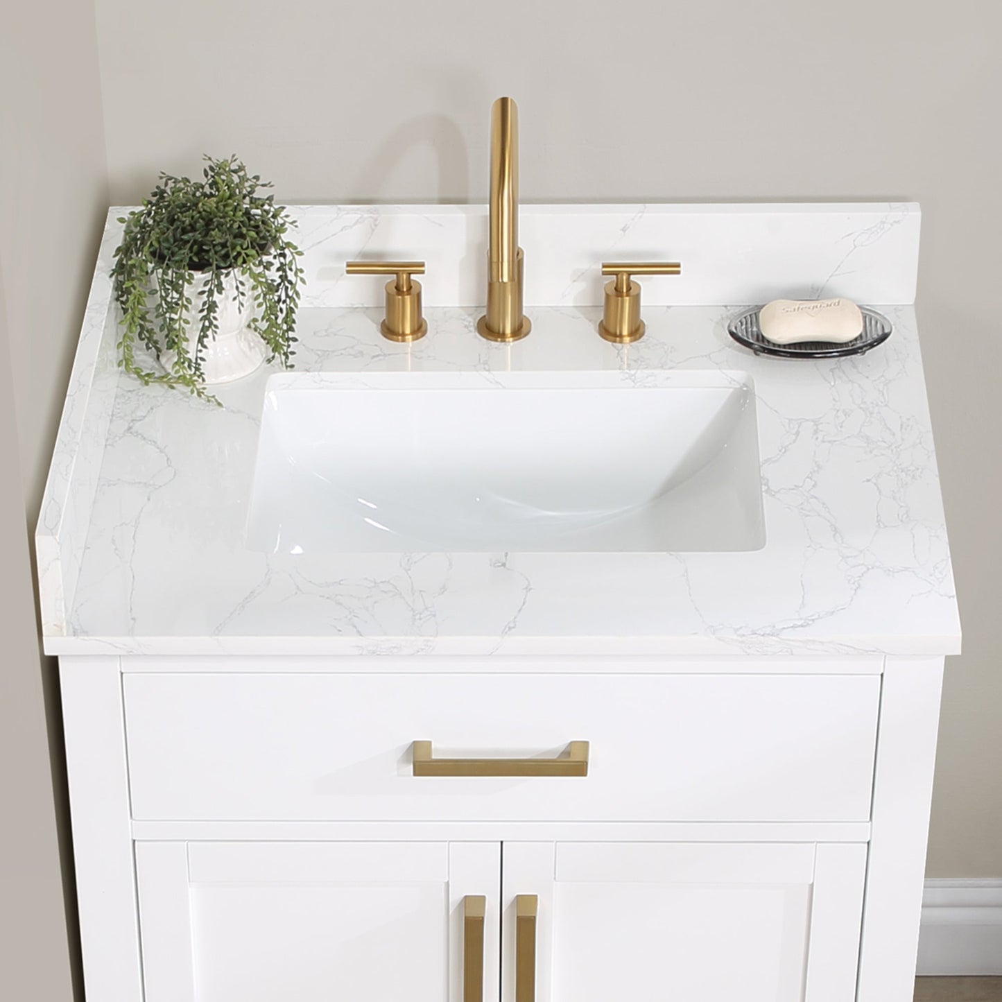 Gavino 30" Single Bathroom Vanity in White with Grain White Engineered Stone Countertop without Mirror