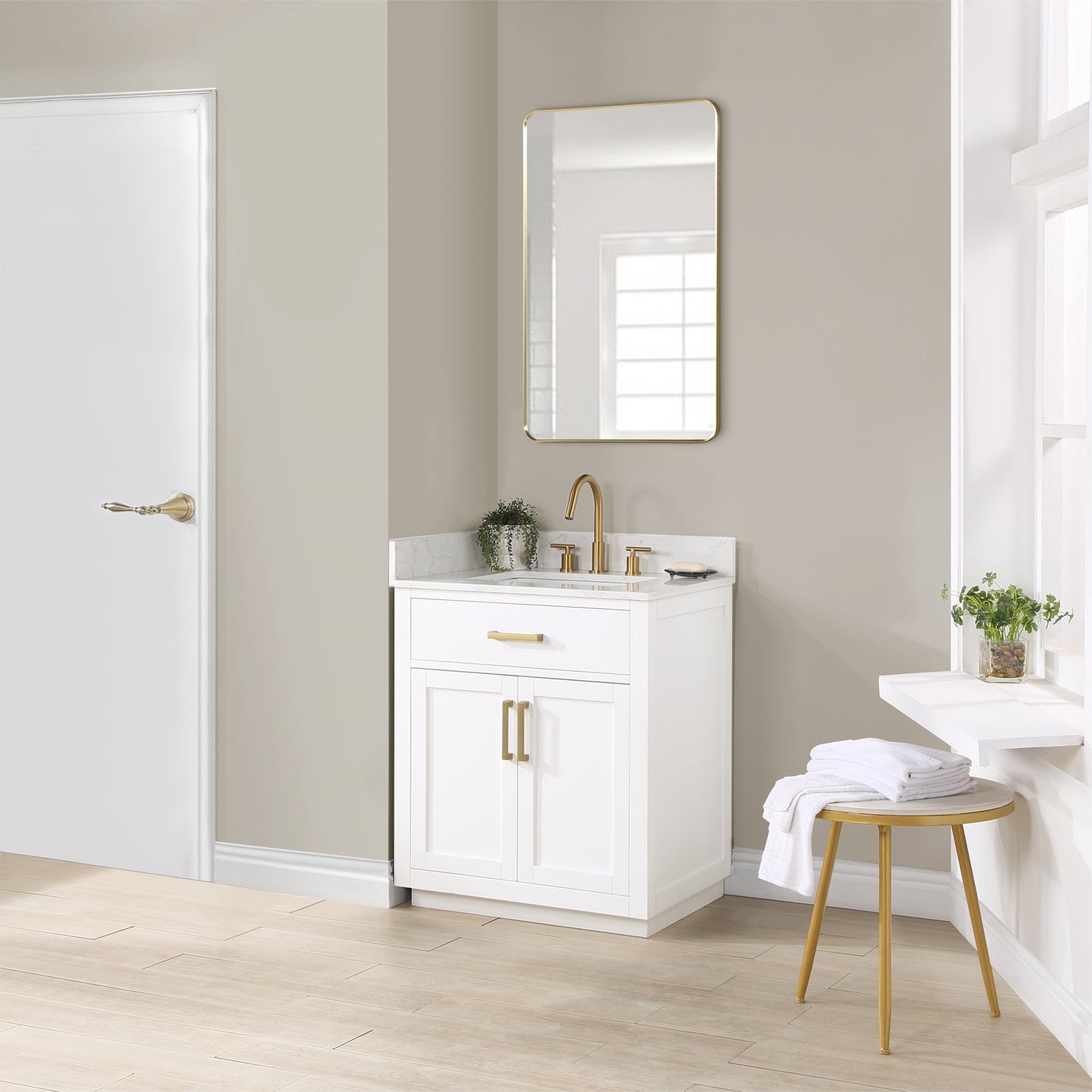 Gavino 30" Single Bathroom Vanity in White with Grain White Engineered Stone Countertop with Mirror