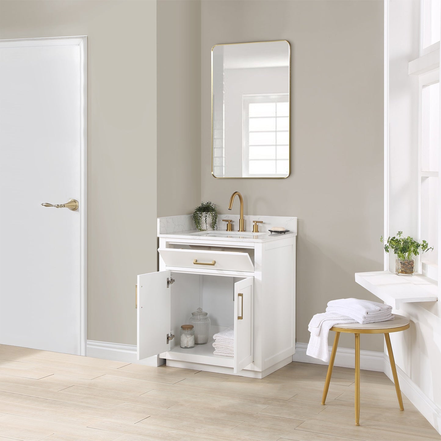 Gavino 30" Single Bathroom Vanity in White with Grain White Engineered Stone Countertop with Mirror