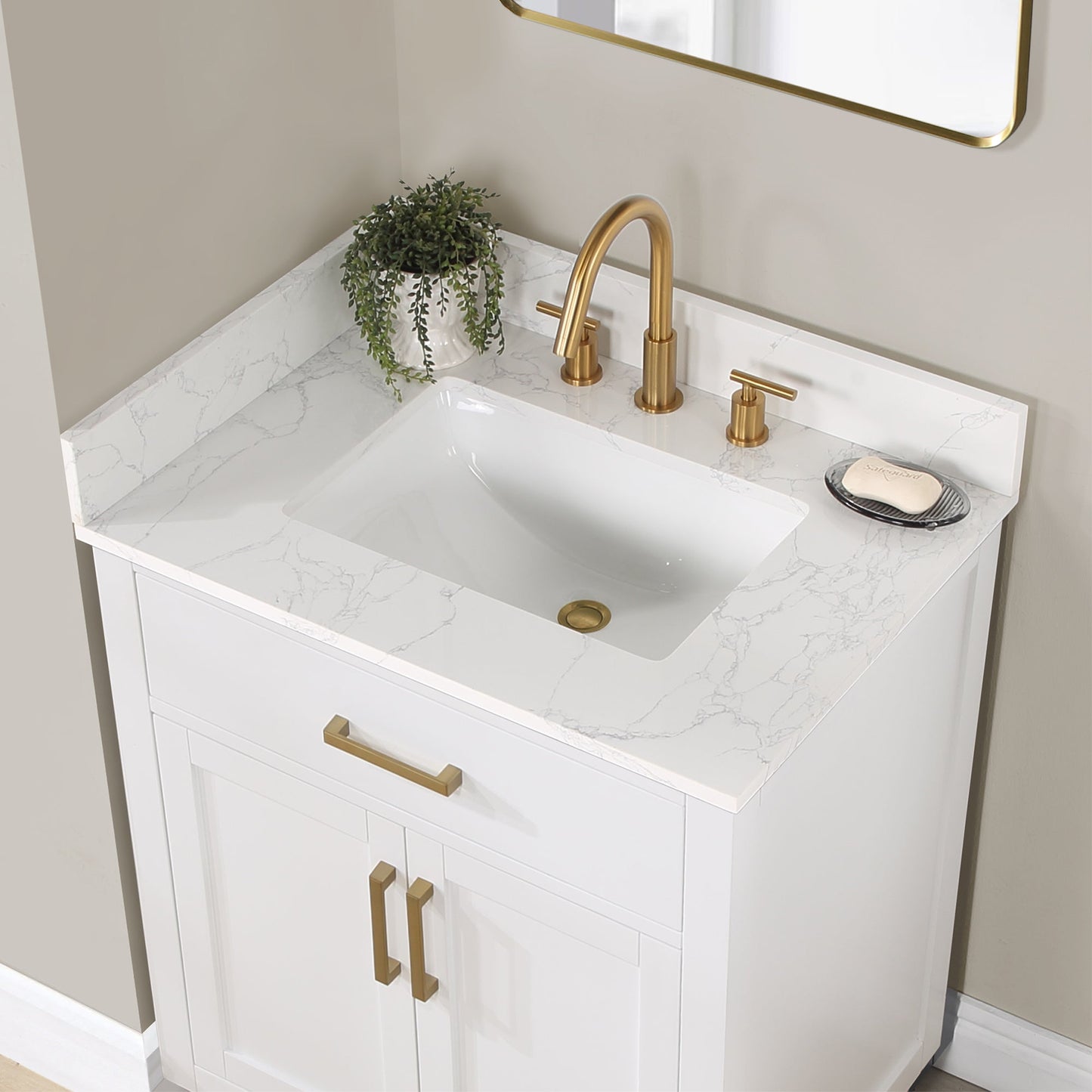 Gavino 30" Single Bathroom Vanity in White with Grain White Engineered Stone Countertop with Mirror