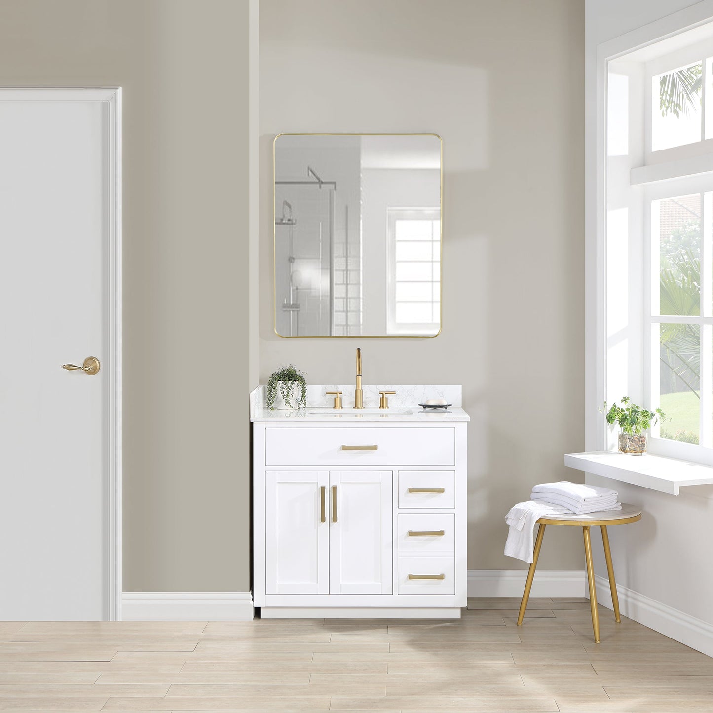 Gavino 36" Single Bathroom Vanity in White with Grain White Engineered Stone Countertop with Mirror