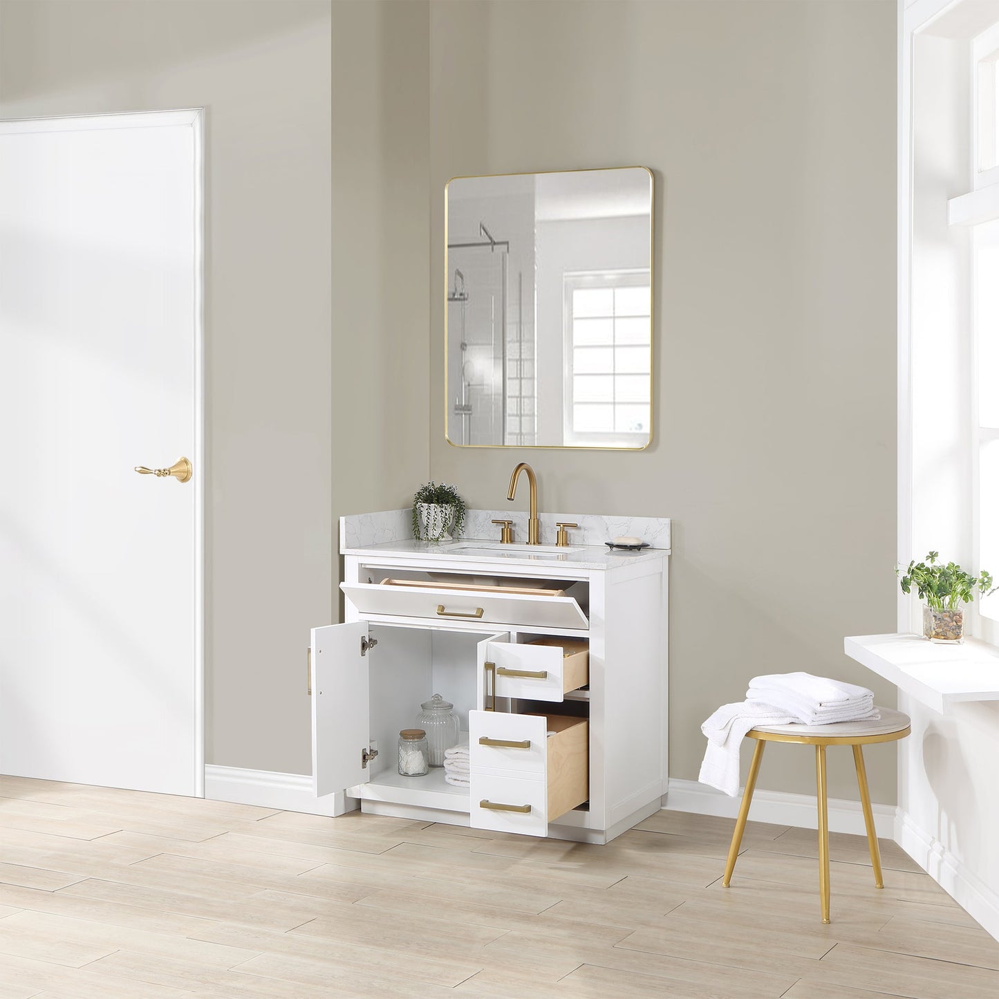 Gavino 36" Single Bathroom Vanity in White with Grain White Engineered Stone Countertop with Mirror