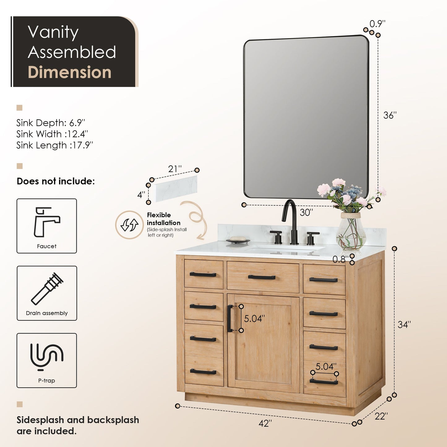 Gavino 42" Single Bathroom Vanity in Light Brown with Grain White Engineered Stone Countertop with Mirror