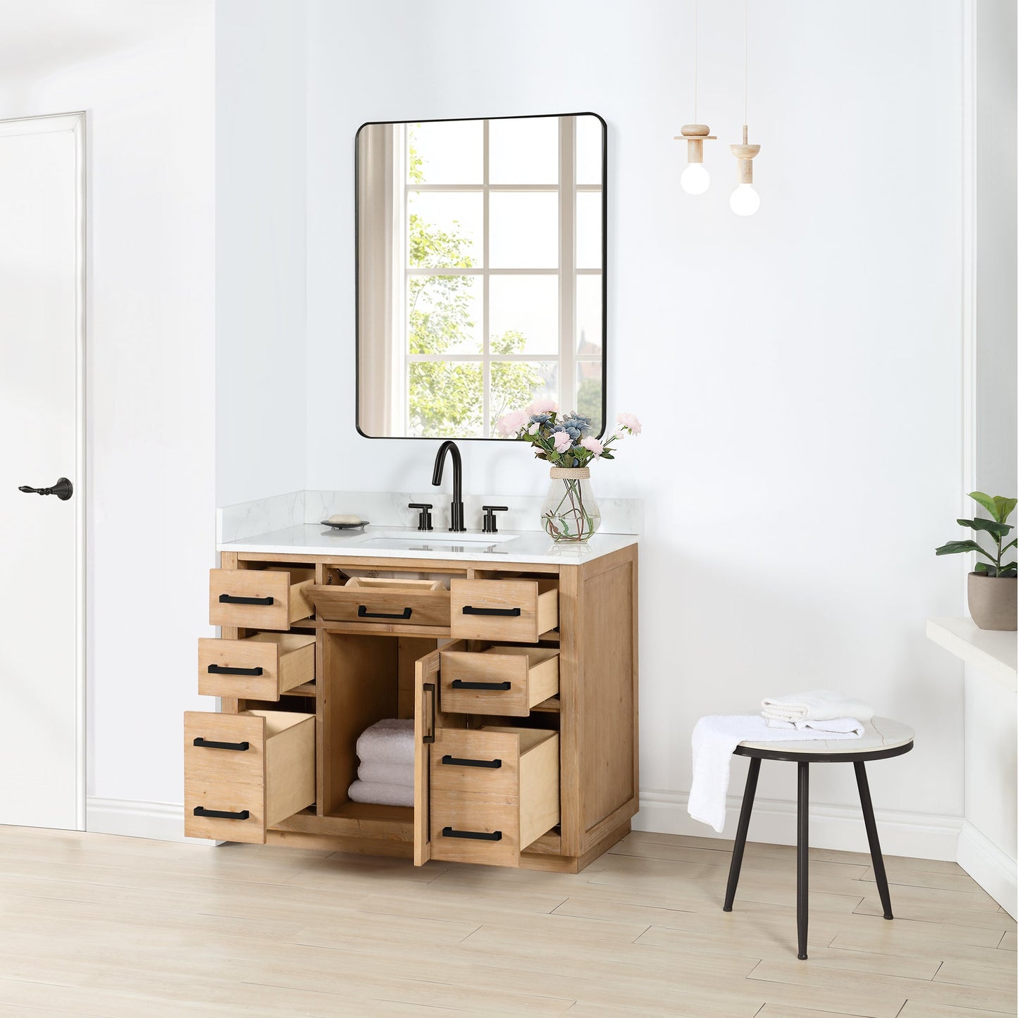 Gavino 42" Single Bathroom Vanity in Light Brown with Grain White Engineered Stone Countertop with Mirror