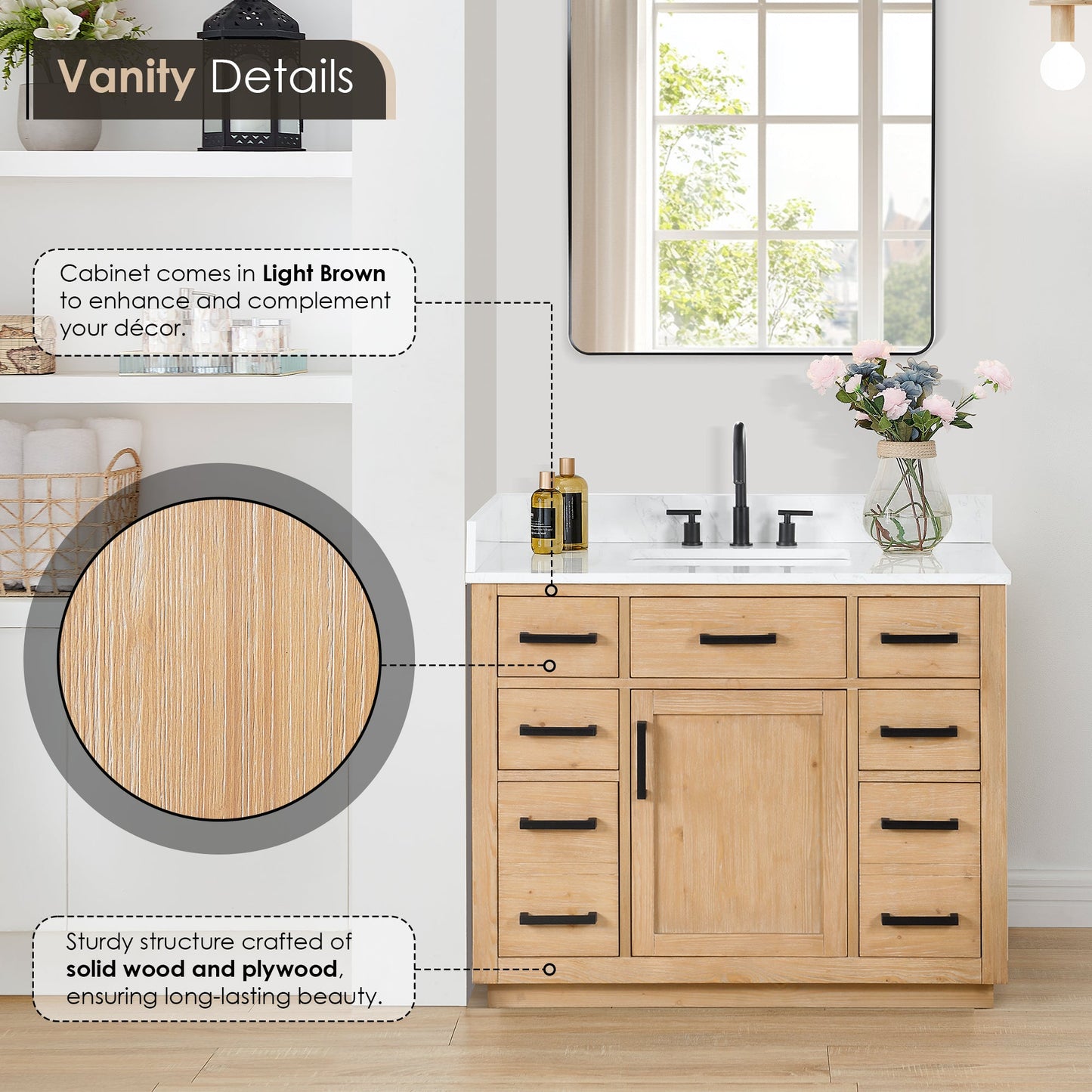 Gavino 42" Single Bathroom Vanity in Light Brown with Grain White Engineered Stone Countertop with Mirror