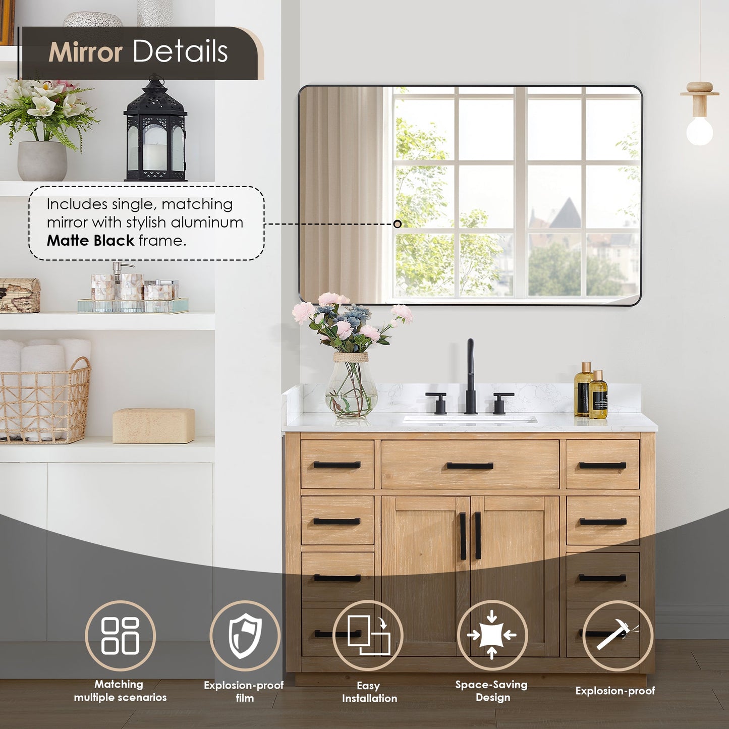 Gavino 48" Single Bathroom Vanity in Light Brown with Grain White Engineered Stone Countertop with Mirror