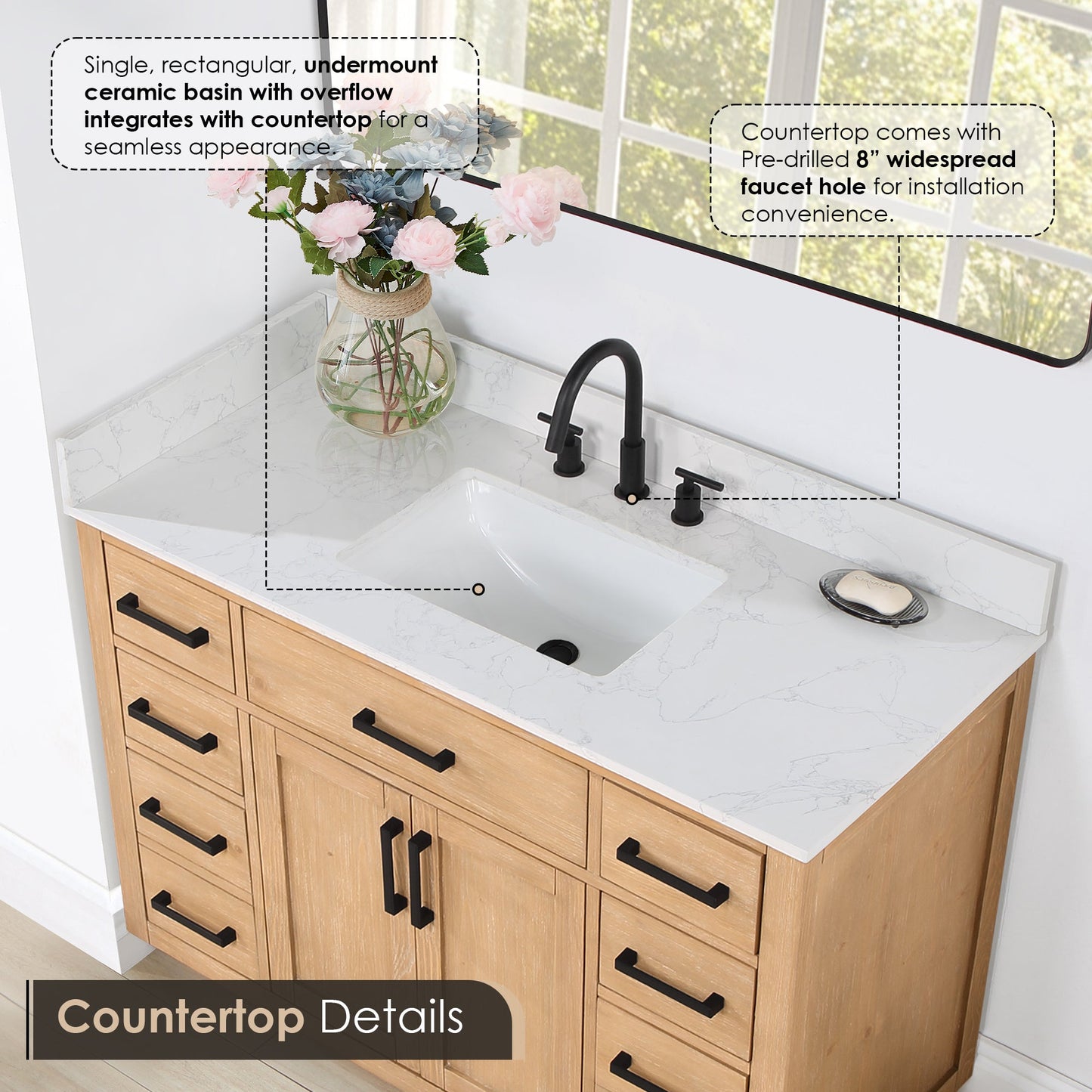Gavino 48" Single Bathroom Vanity in Light Brown with Grain White Engineered Stone Countertop with Mirror