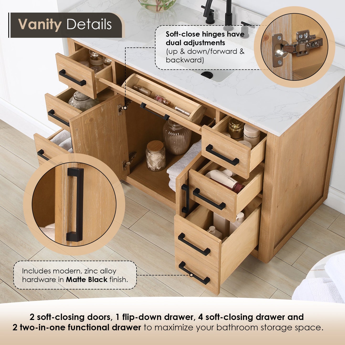 Gavino 48" Single Bathroom Vanity in Light Brown with Grain White Engineered Stone Countertop with Mirror
