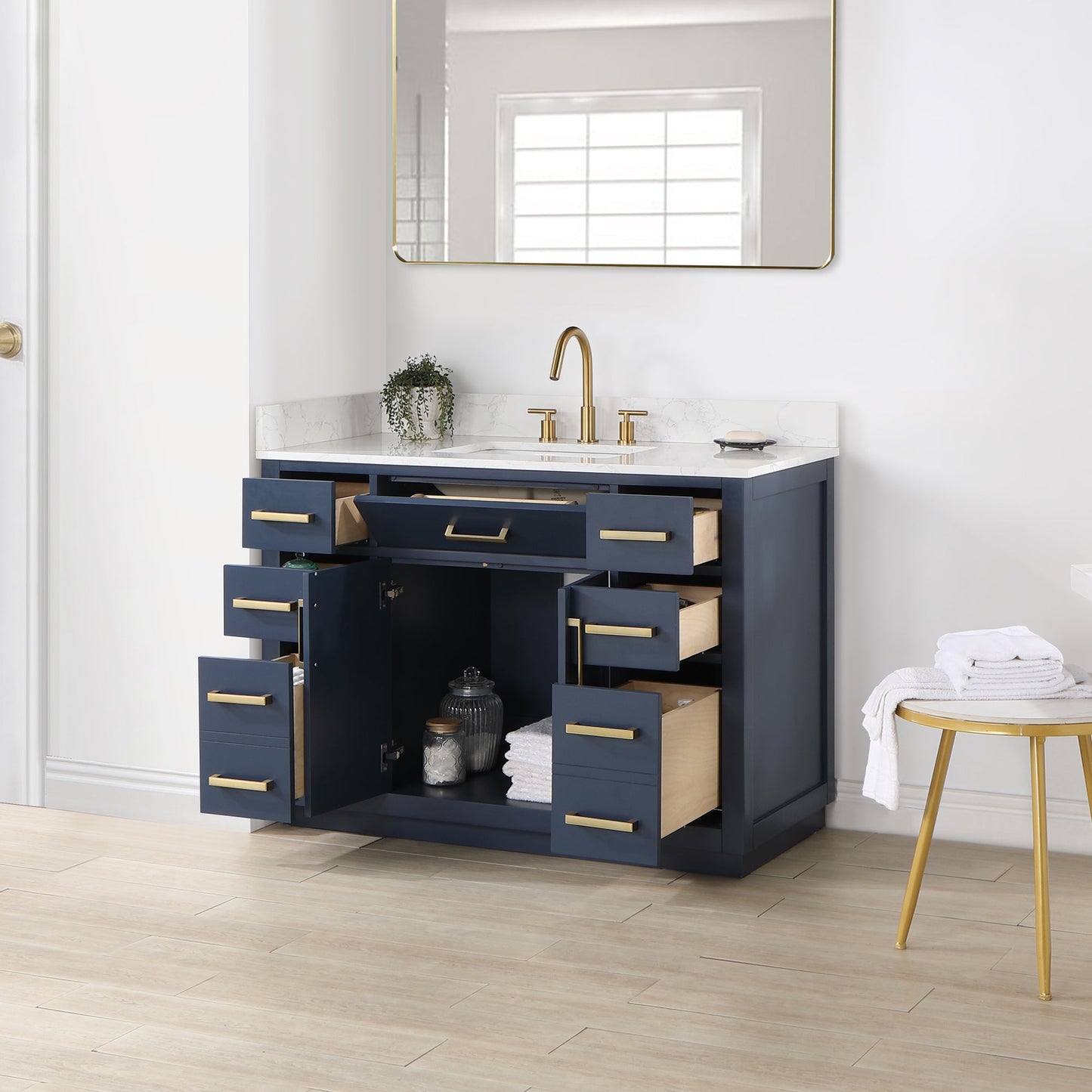 Gavino 48" Single Bathroom Vanity in Royal Blue with Grain White Engineered Stone Countertop without Mirror