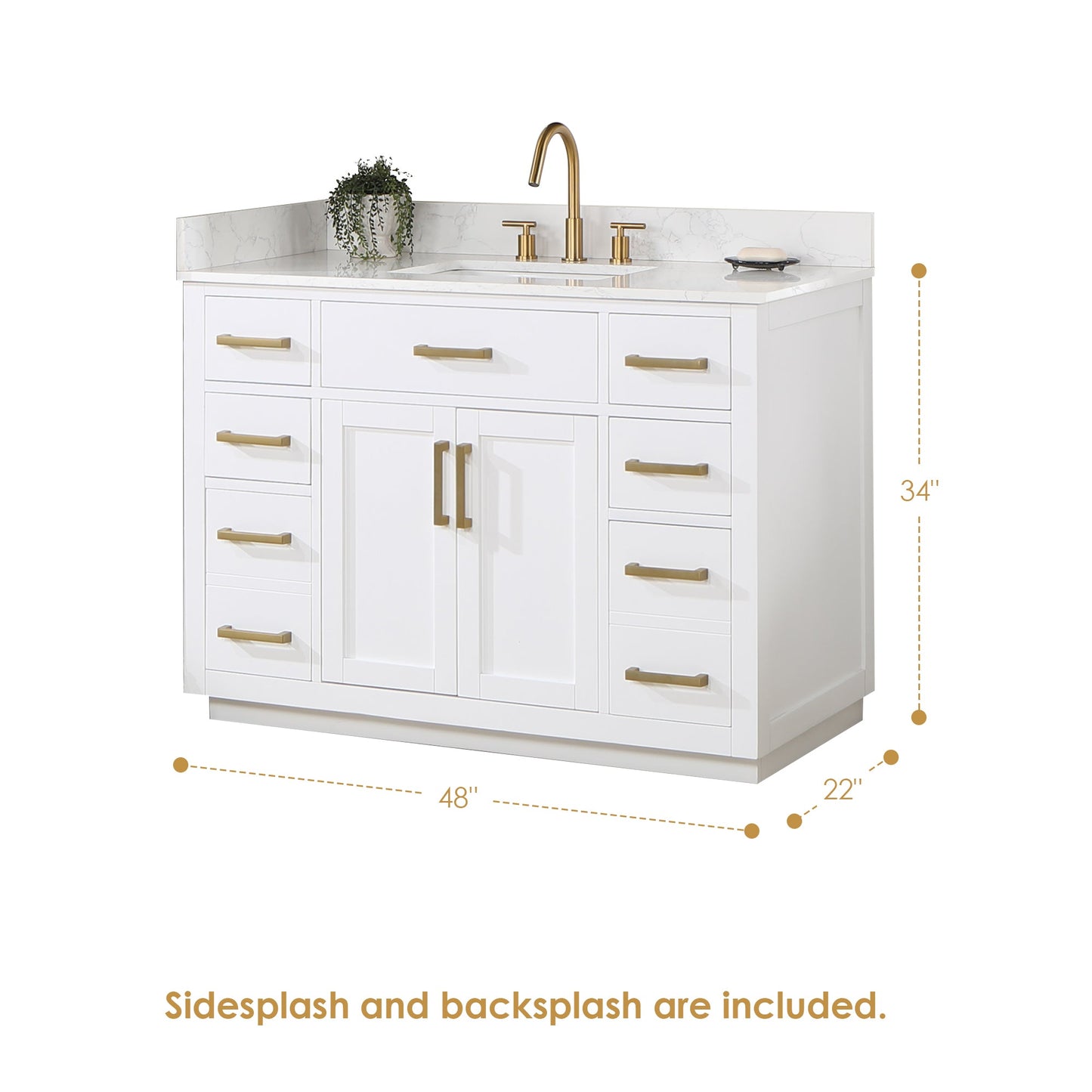 Gavino 48" Single Bathroom Vanity in White with Grain White Engineered Stone Countertop without Mirror