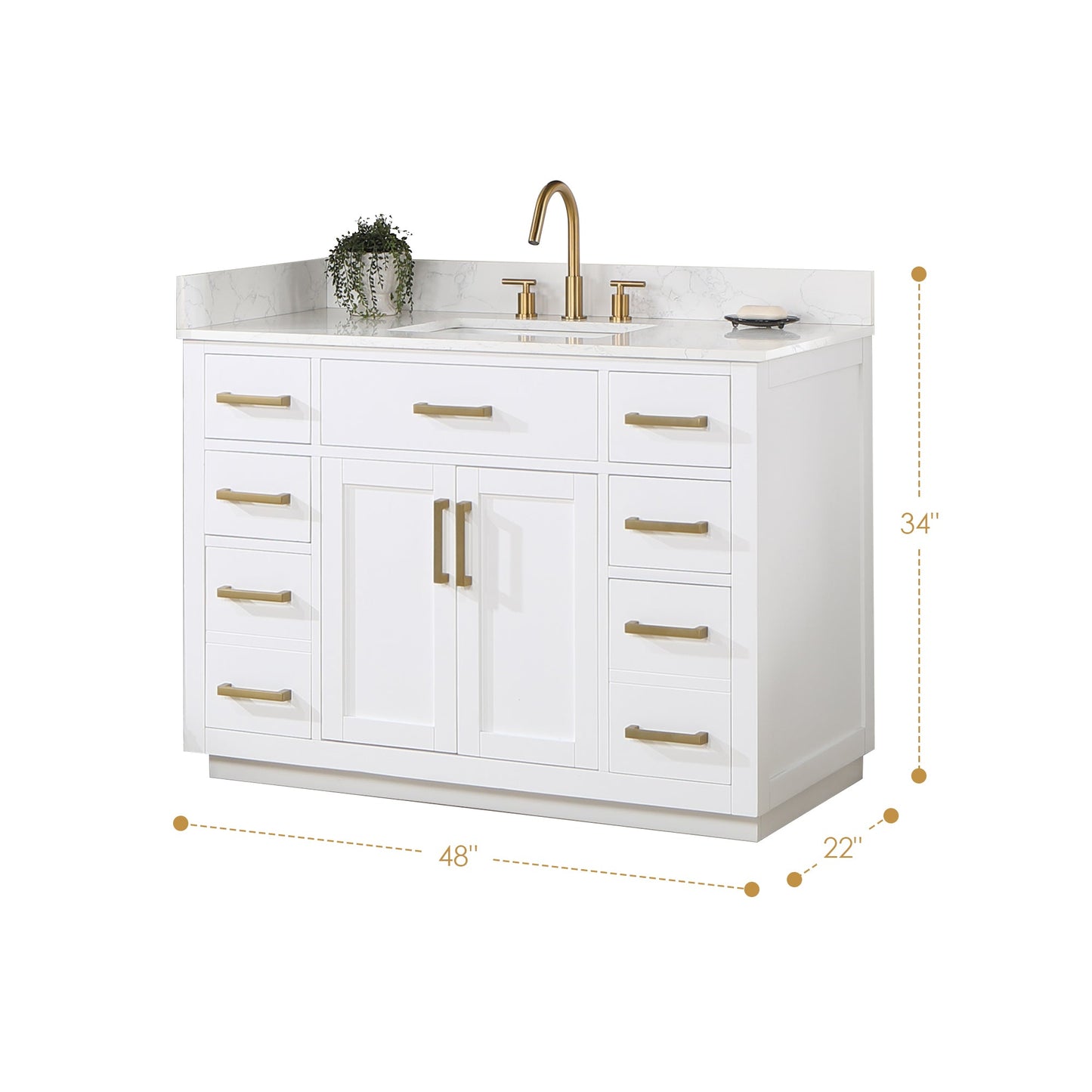 Gavino 48" Single Bathroom Vanity in White with Grain White Engineered Stone Countertop without Mirror