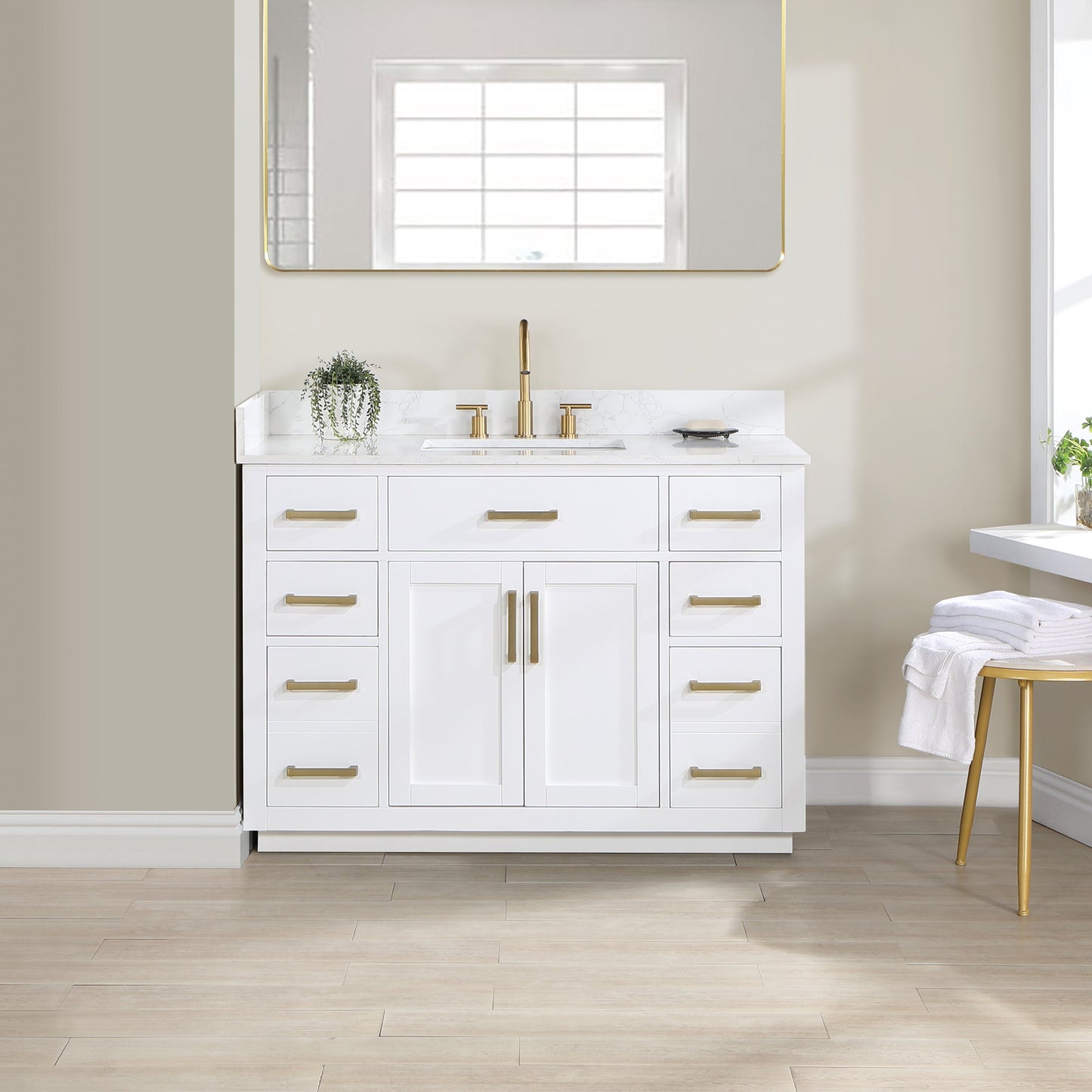 Gavino 48" Single Bathroom Vanity in White with Grain White Engineered Stone Countertop without Mirror