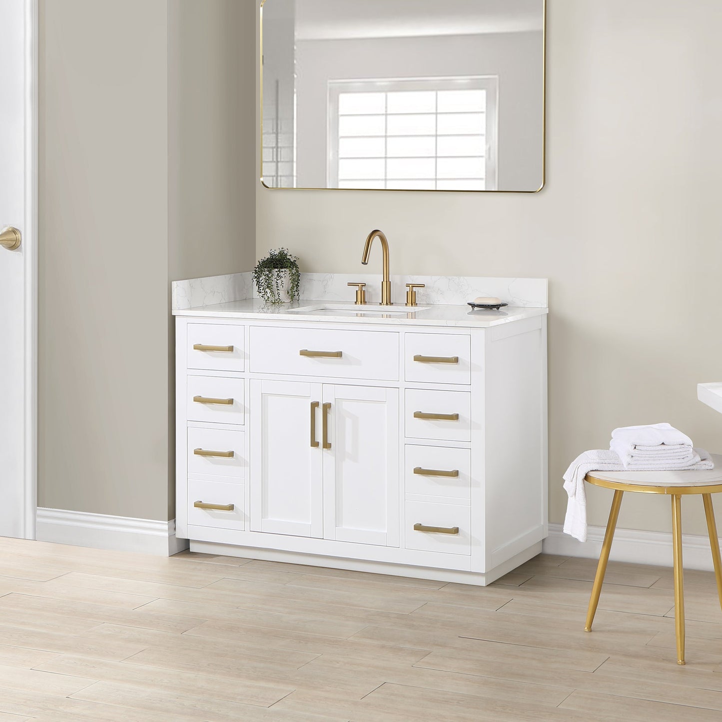 Gavino 48" Single Bathroom Vanity in White with Grain White Engineered Stone Countertop without Mirror