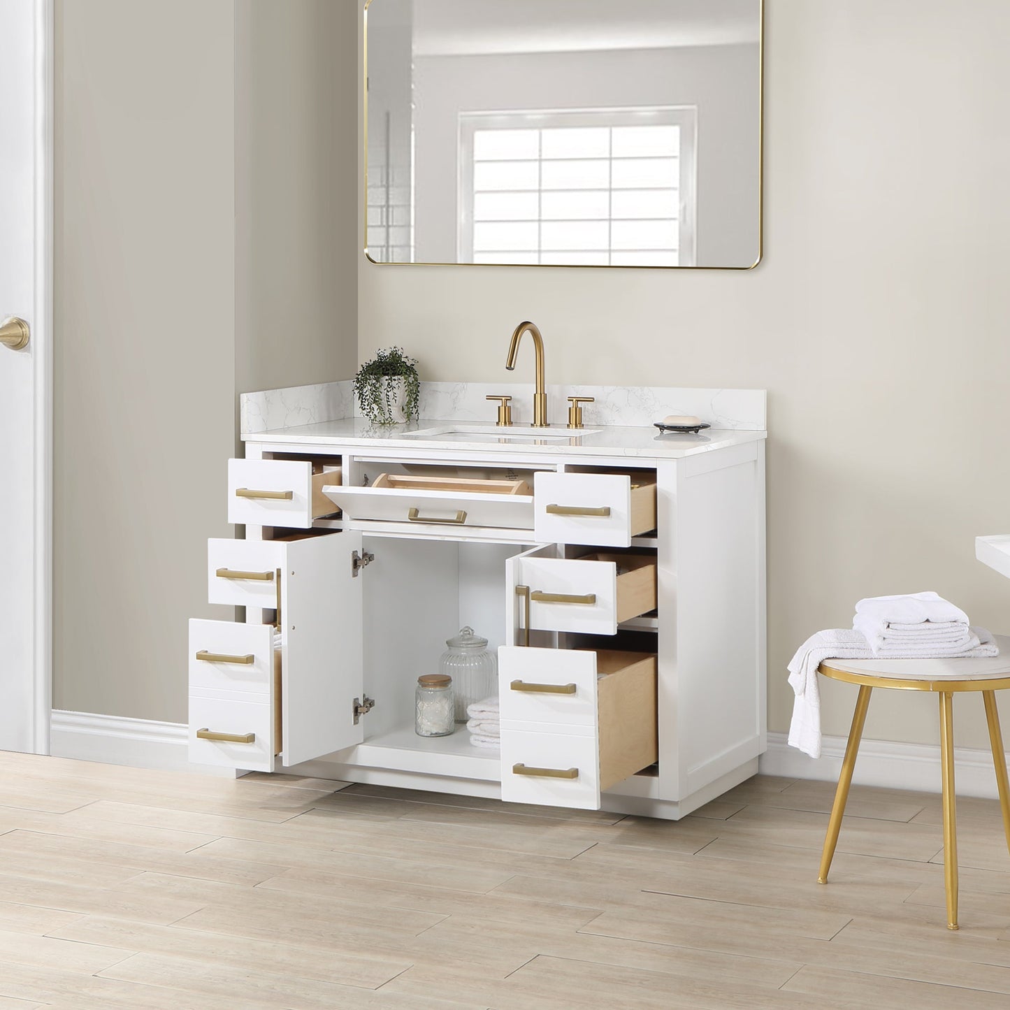 Gavino 48" Single Bathroom Vanity in White with Grain White Engineered Stone Countertop without Mirror