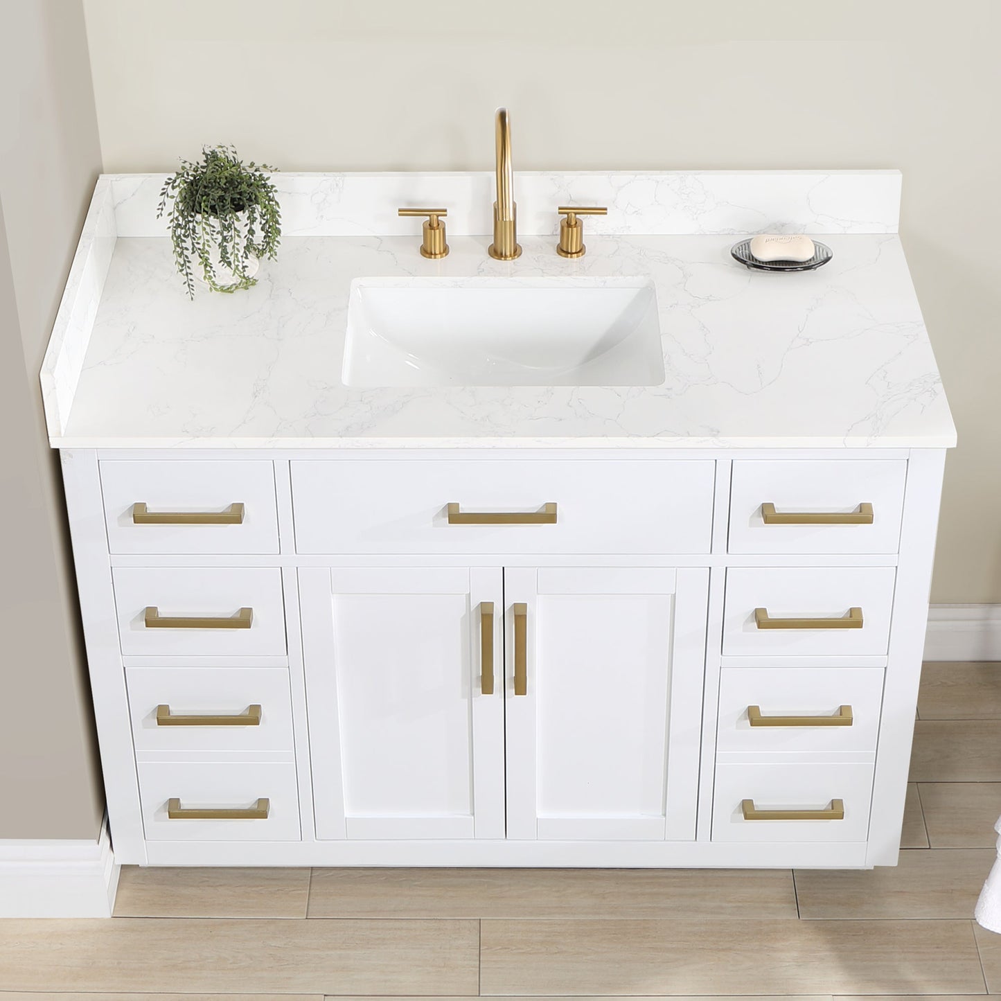Gavino 48" Single Bathroom Vanity in White with Grain White Engineered Stone Countertop without Mirror