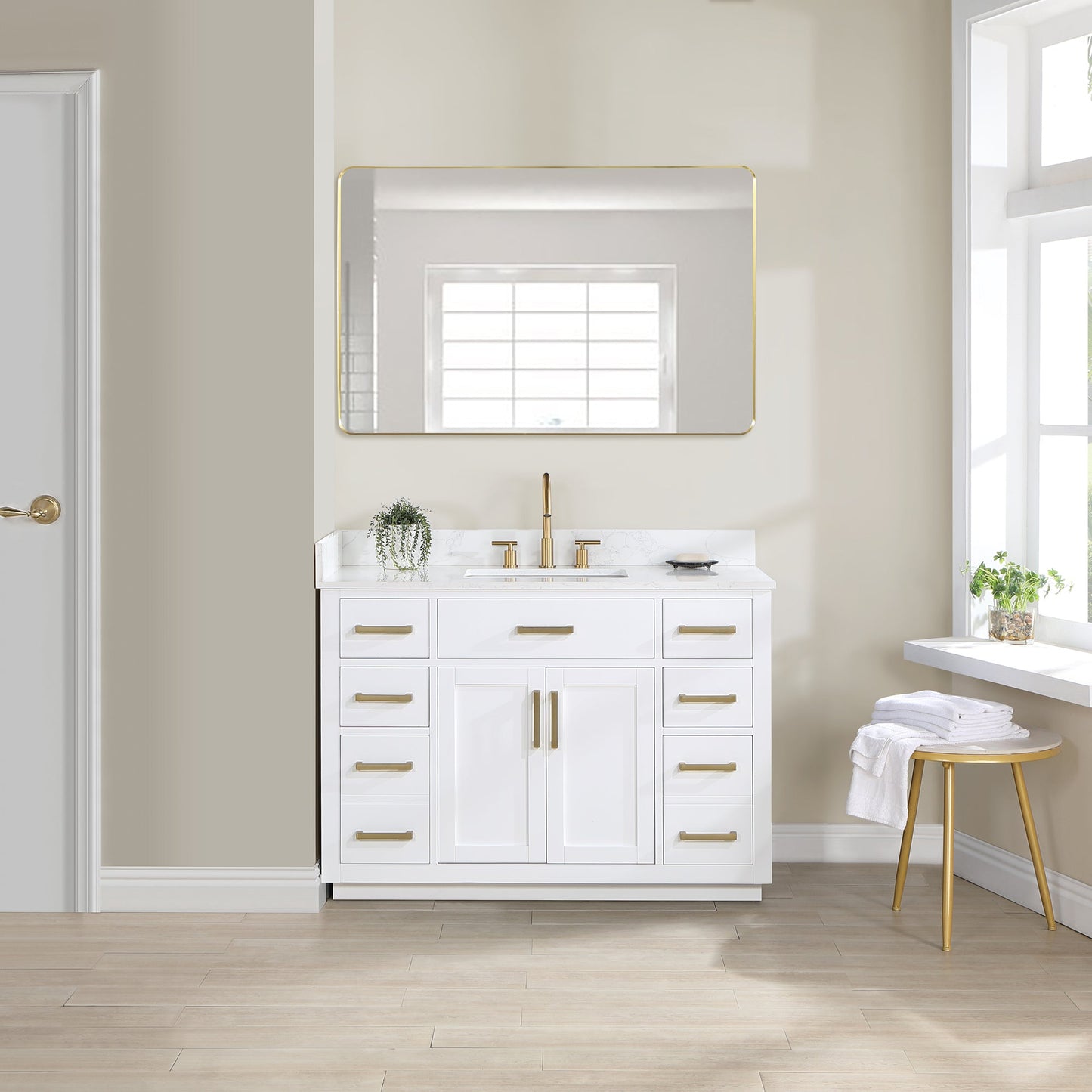 Gavino 48" Single Bathroom Vanity in White with Grain White Engineered Stone Countertop with Mirror
