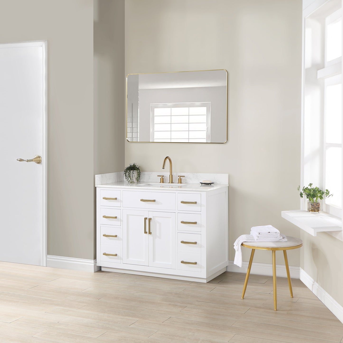 Gavino 48" Single Bathroom Vanity in White with Grain White Engineered Stone Countertop with Mirror