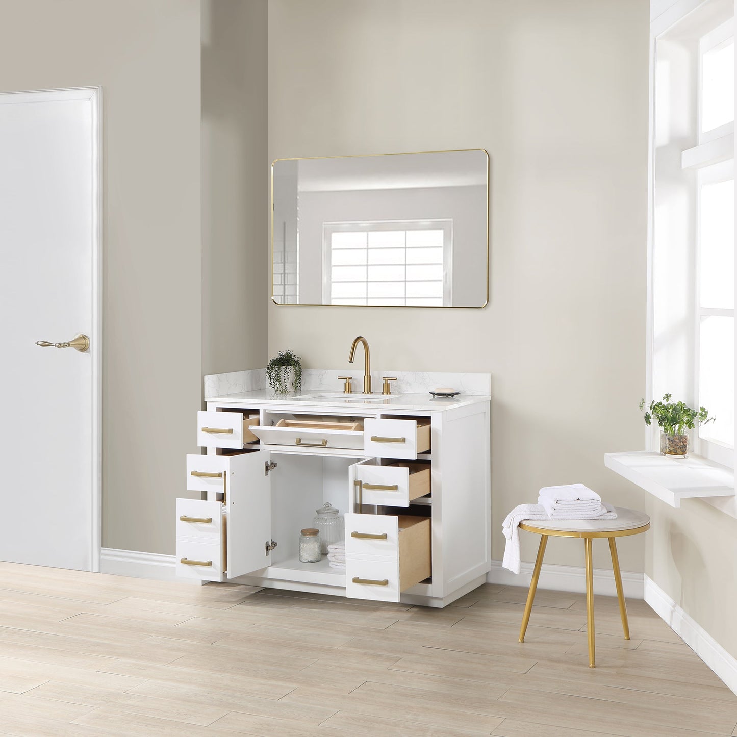 Gavino 48" Single Bathroom Vanity in White with Grain White Engineered Stone Countertop with Mirror