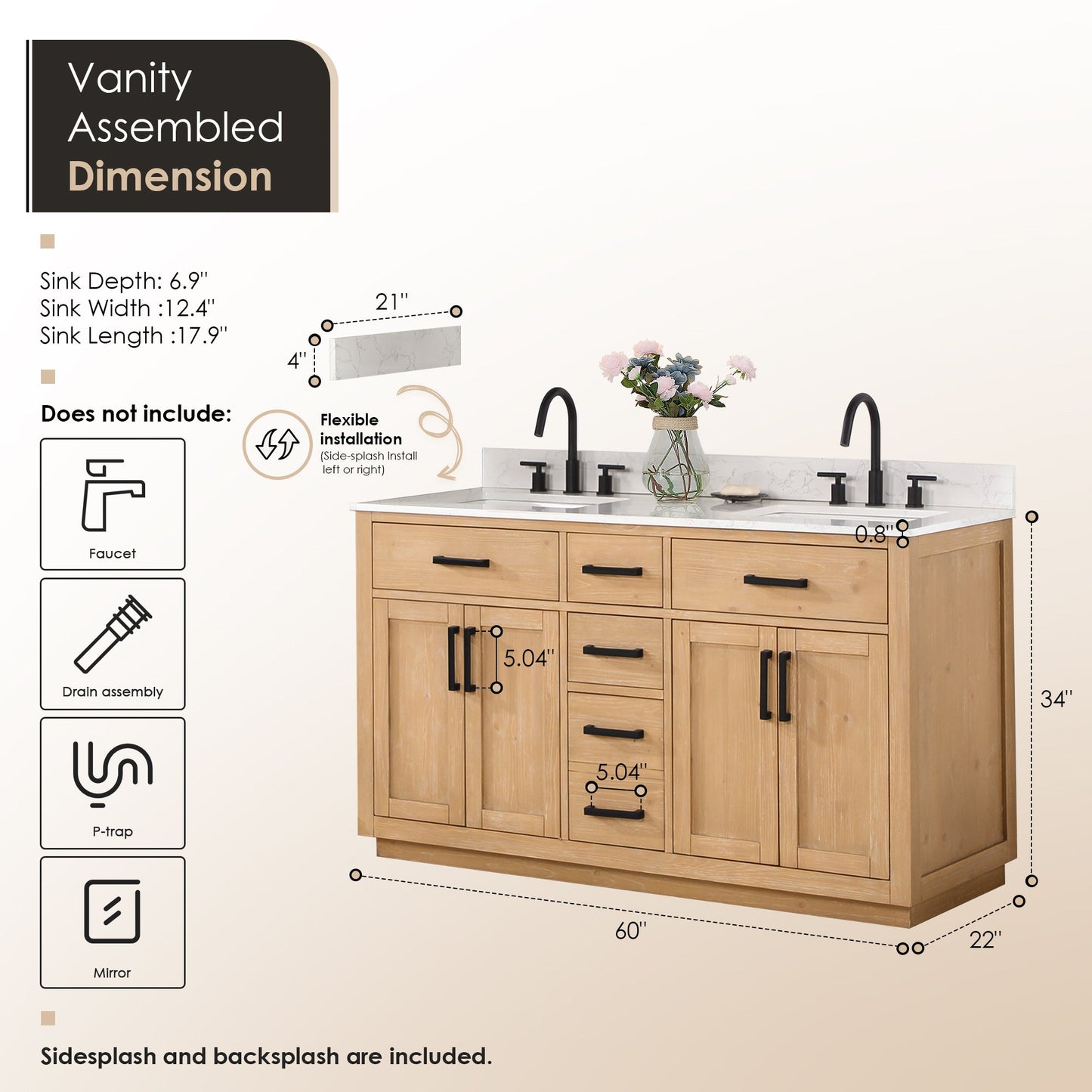 Gavino 60" Double Bathroom Vanity in Light Brown with Grain White Engineered Stone Countertop without Mirror
