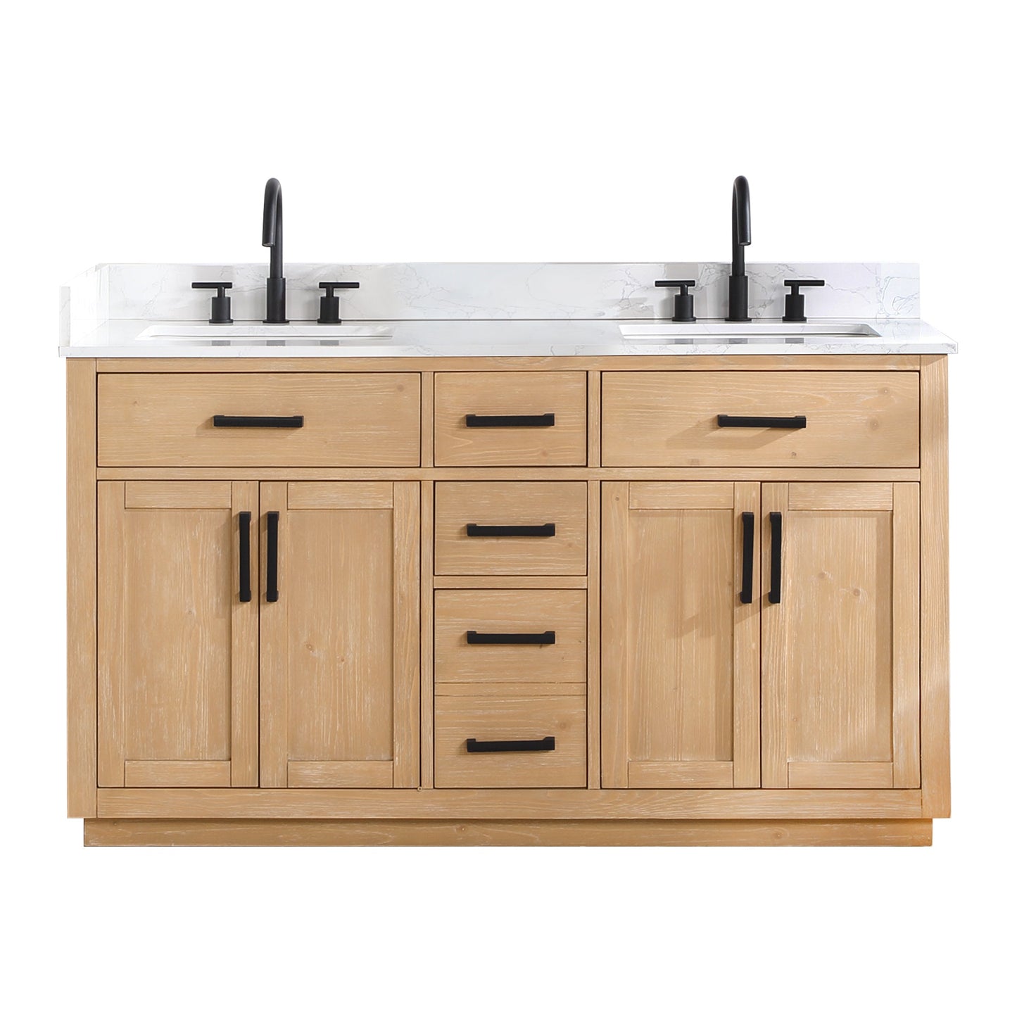 Gavino 60" Double Bathroom Vanity in Light Brown with Grain White Engineered Stone Countertop without Mirror