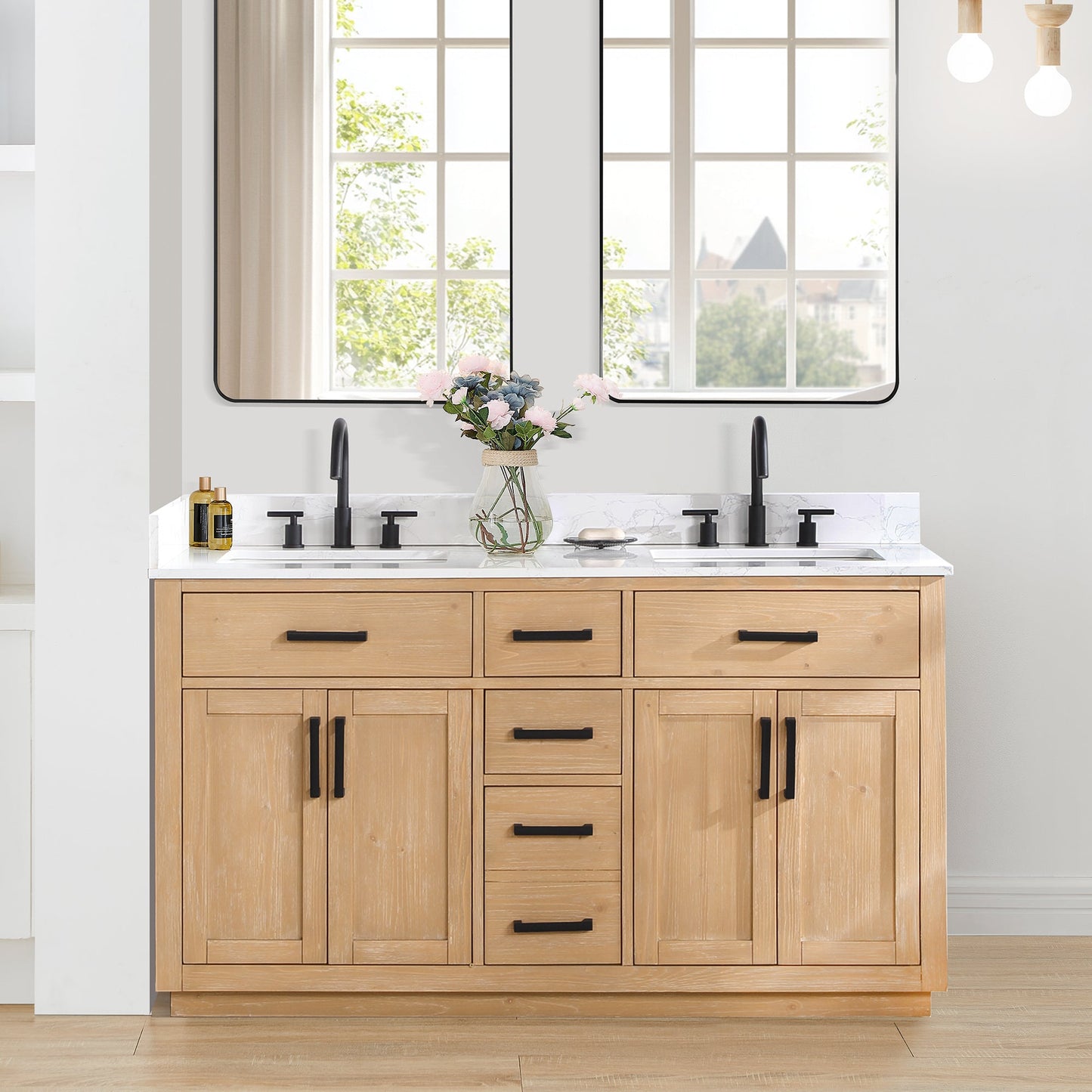 Gavino 60" Double Bathroom Vanity in Light Brown with Grain White Engineered Stone Countertop without Mirror