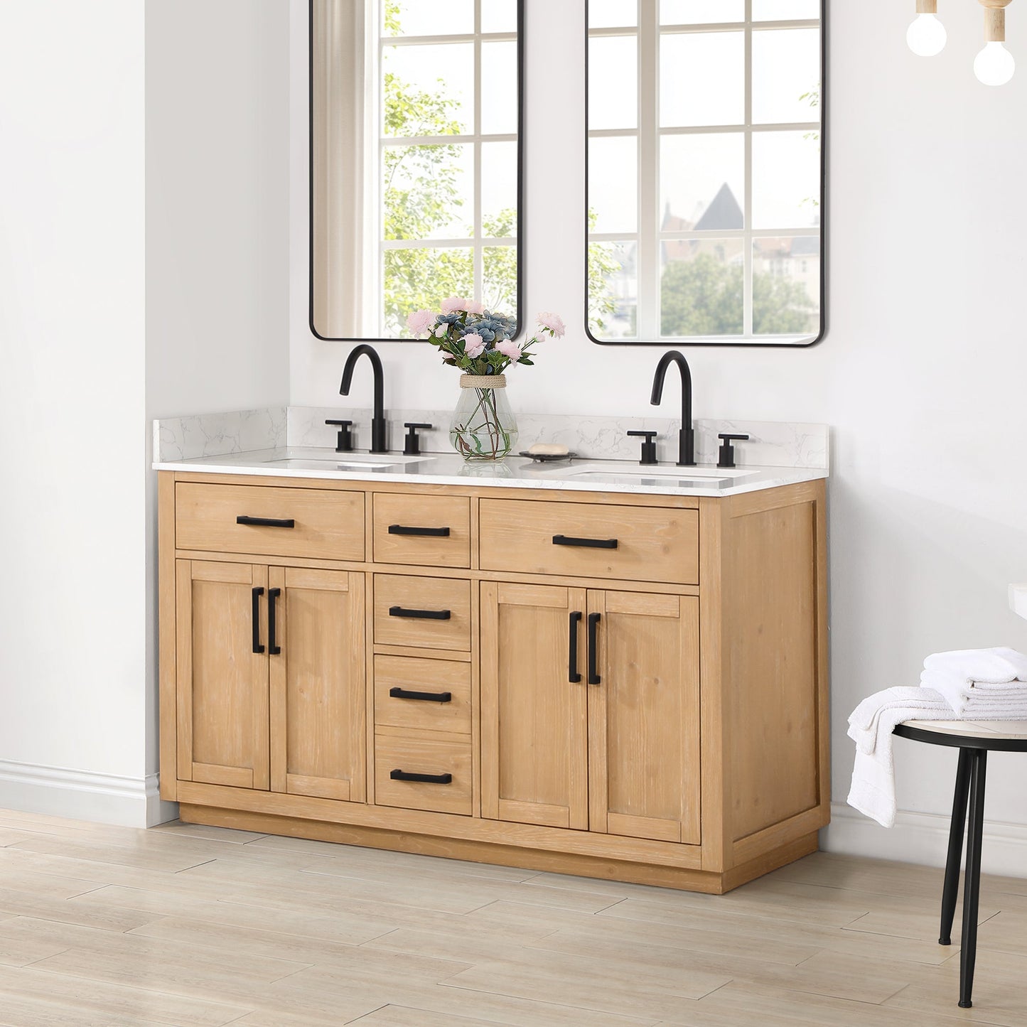 Gavino 60" Double Bathroom Vanity in Light Brown with Grain White Engineered Stone Countertop without Mirror
