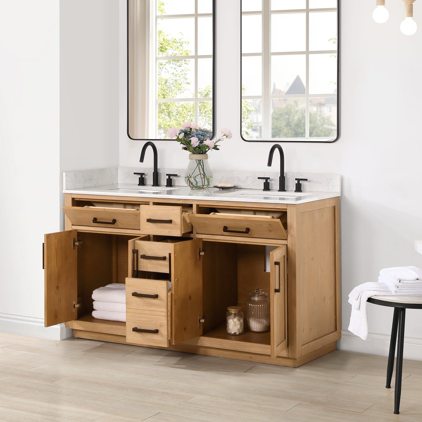 Gavino 60" Double Bathroom Vanity in Light Brown with Grain White Engineered Stone Countertop without Mirror