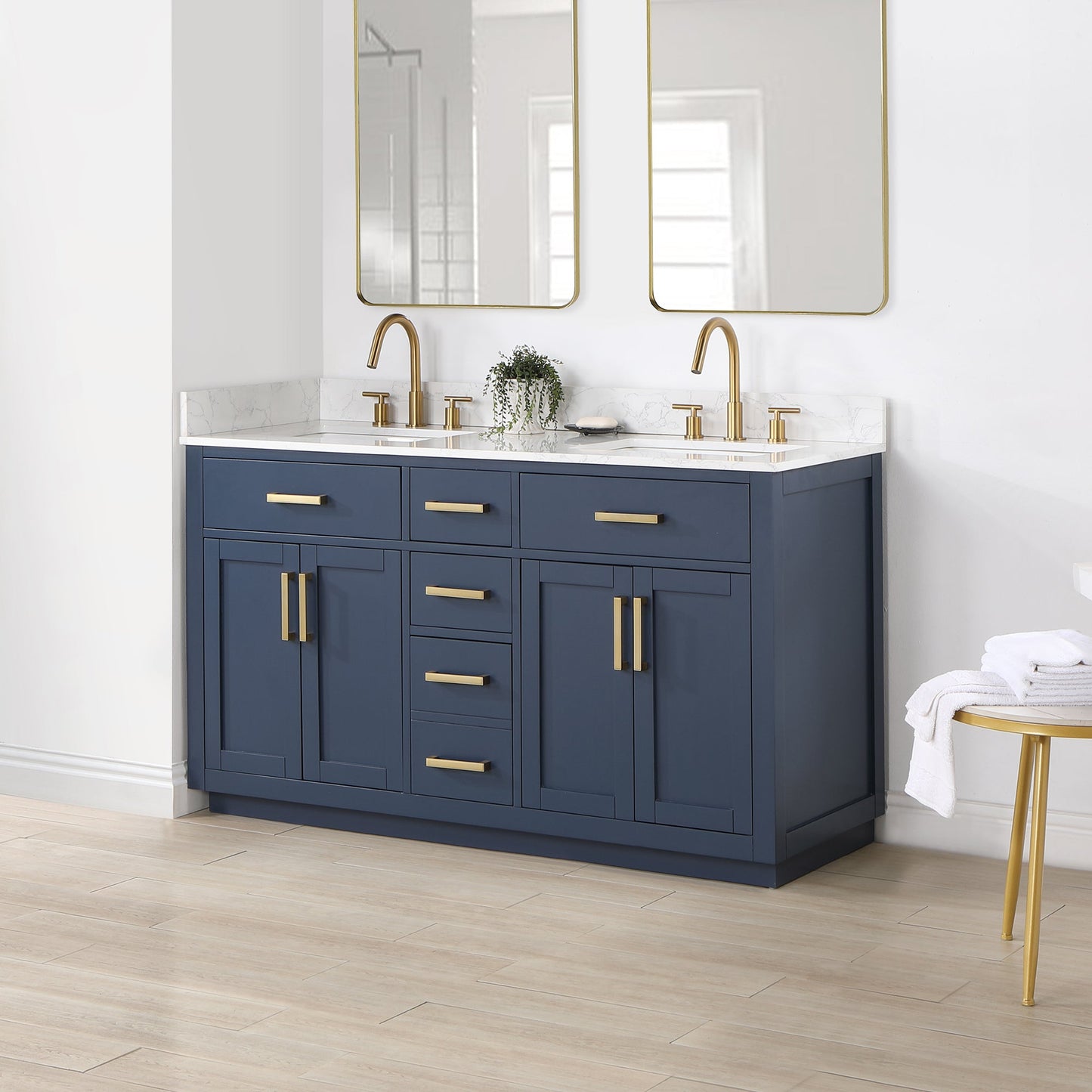 Gavino 60" Double Bathroom Vanity in Royal Blue with Grain White Engineered Stone Countertop without Mirror