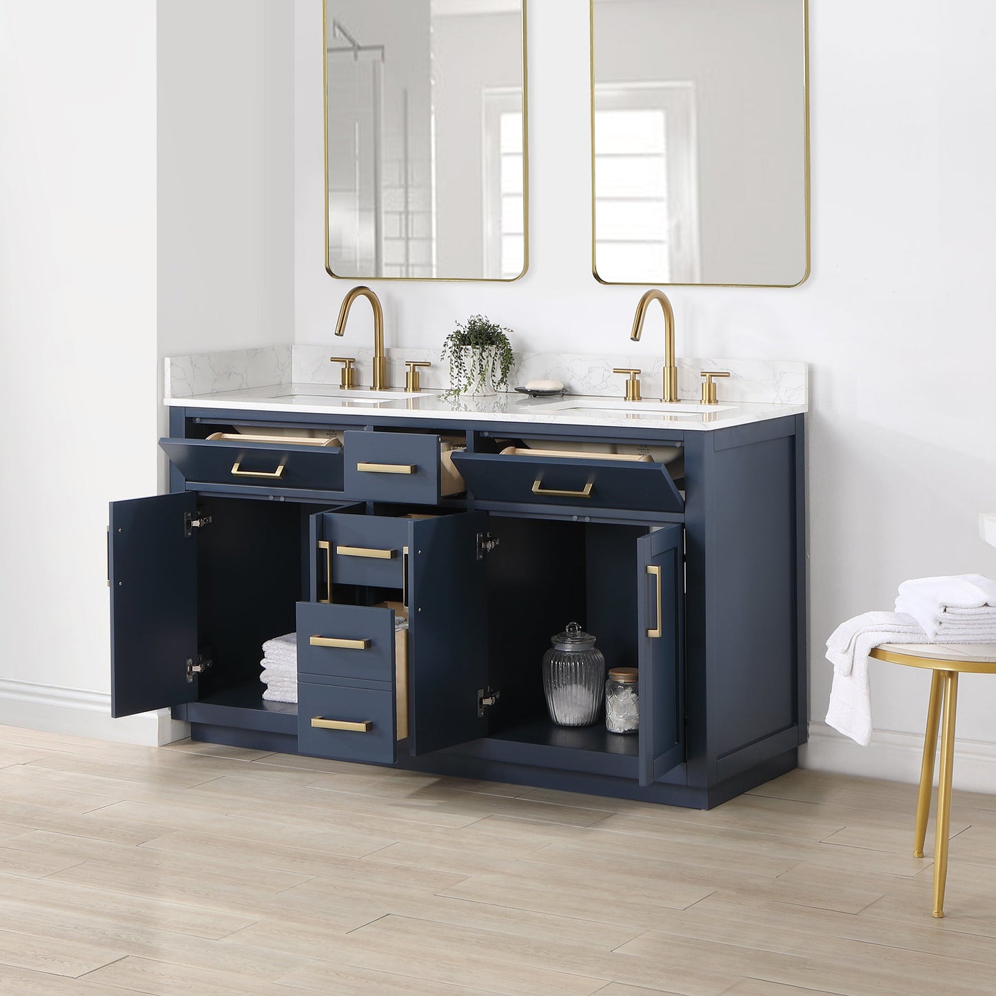 Gavino 60" Double Bathroom Vanity in Royal Blue with Grain White Engineered Stone Countertop without Mirror