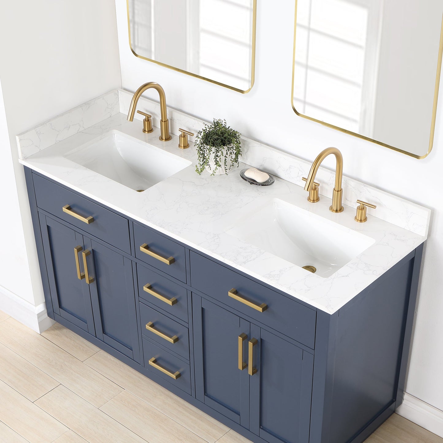 Gavino 60" Double Bathroom Vanity in Royal Blue with Grain White Engineered Stone Countertop without Mirror