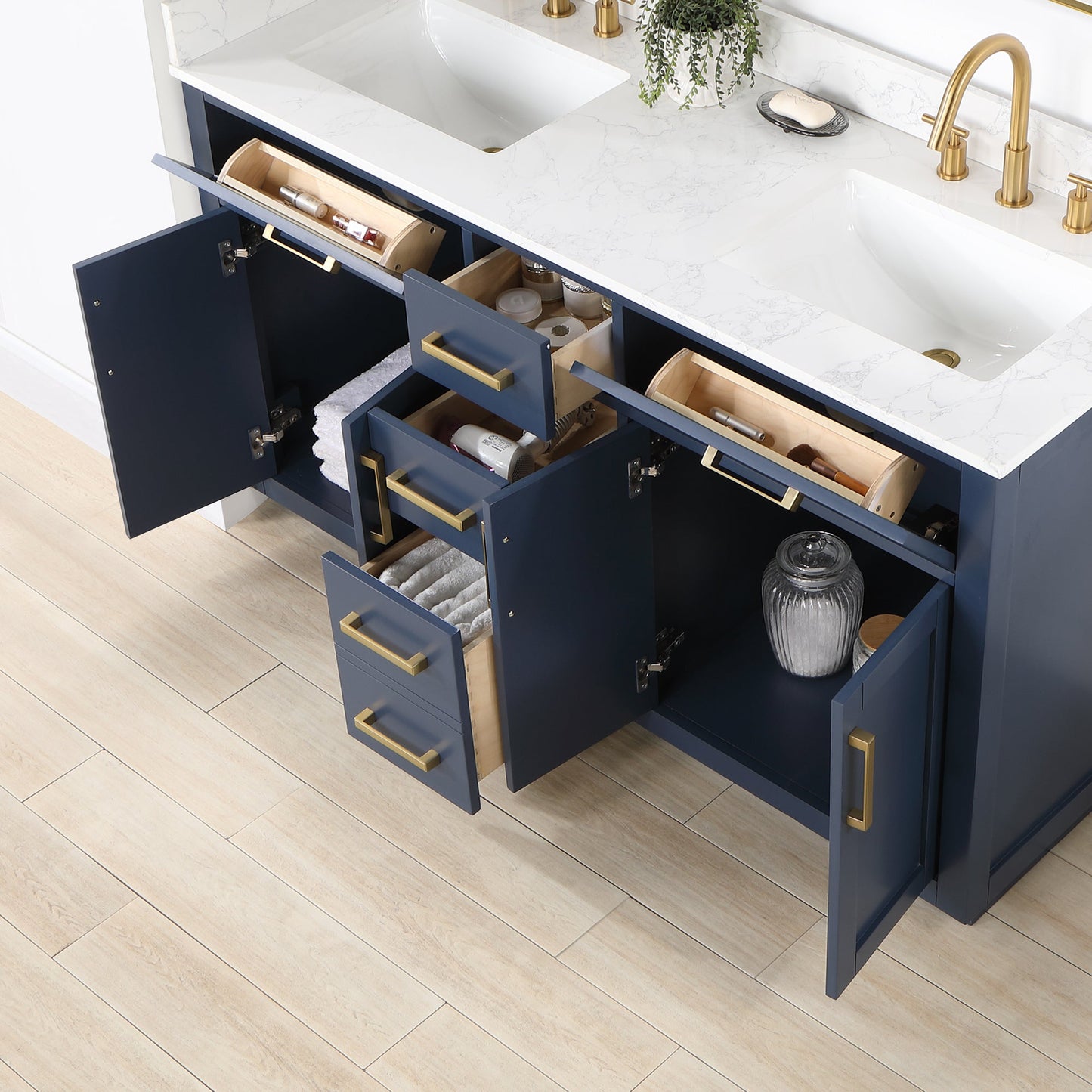 Gavino 60" Double Bathroom Vanity in Royal Blue with Grain White Engineered Stone Countertop without Mirror