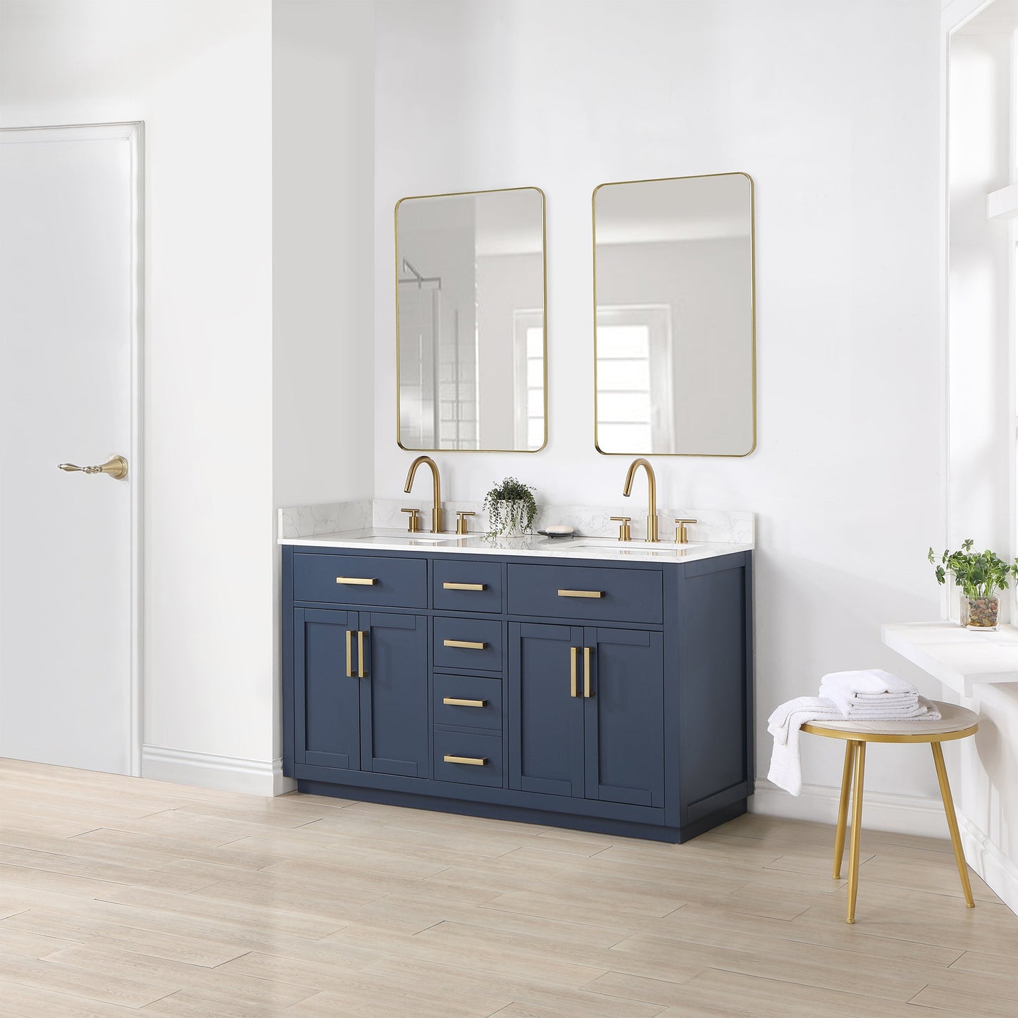 Gavino 60" Double Bathroom Vanity in Royal Blue with Grain White Engineered Stone Countertop with Mirror