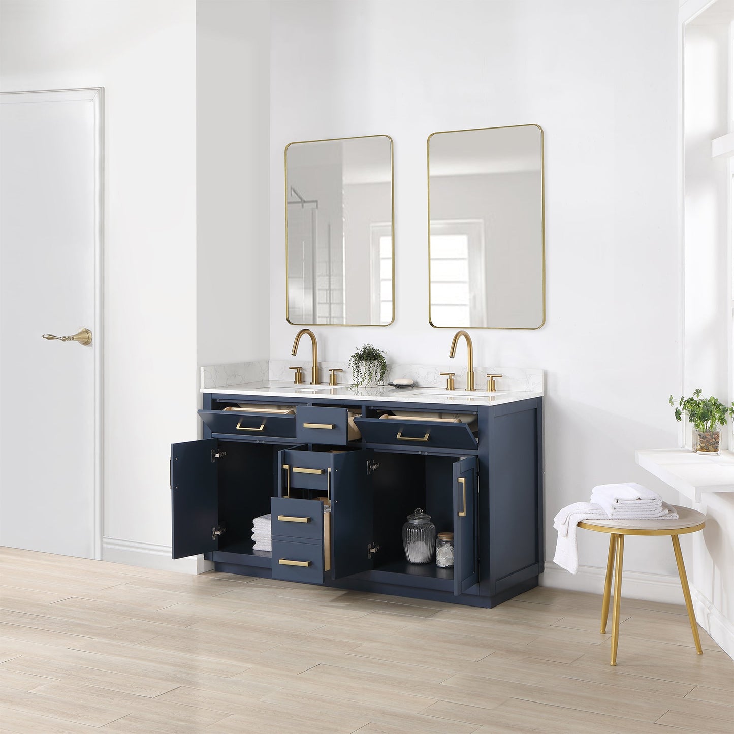 Gavino 60" Double Bathroom Vanity in Royal Blue with Grain White Engineered Stone Countertop with Mirror