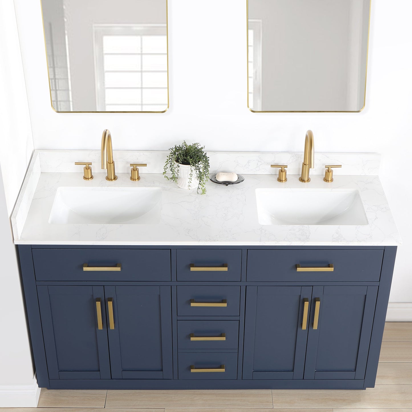 Gavino 60" Double Bathroom Vanity in Royal Blue with Grain White Engineered Stone Countertop with Mirror