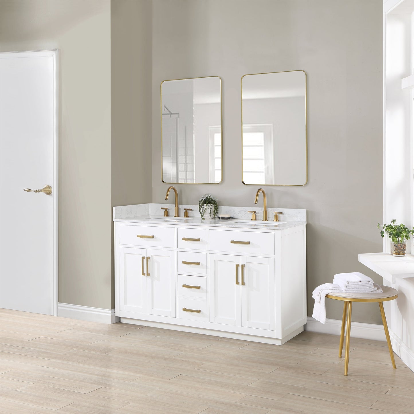 Gavino 60" Double Bathroom Vanity in White with Grain White Engineered Stone Countertop without Mirror